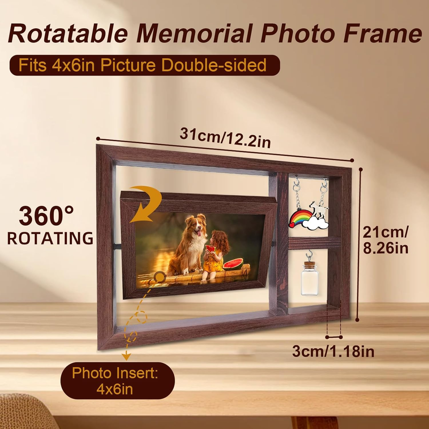 Pet Memorial Frame for Dogs, Rotating Wooden Dog Picture Frame Set 4X6 for Mom Dad - Dog Bereavement Remembrance Photo Frame in Loving Memory - Pet Sympathy Gifts for Loss of Dog, Double-Sided Display-Horizontal