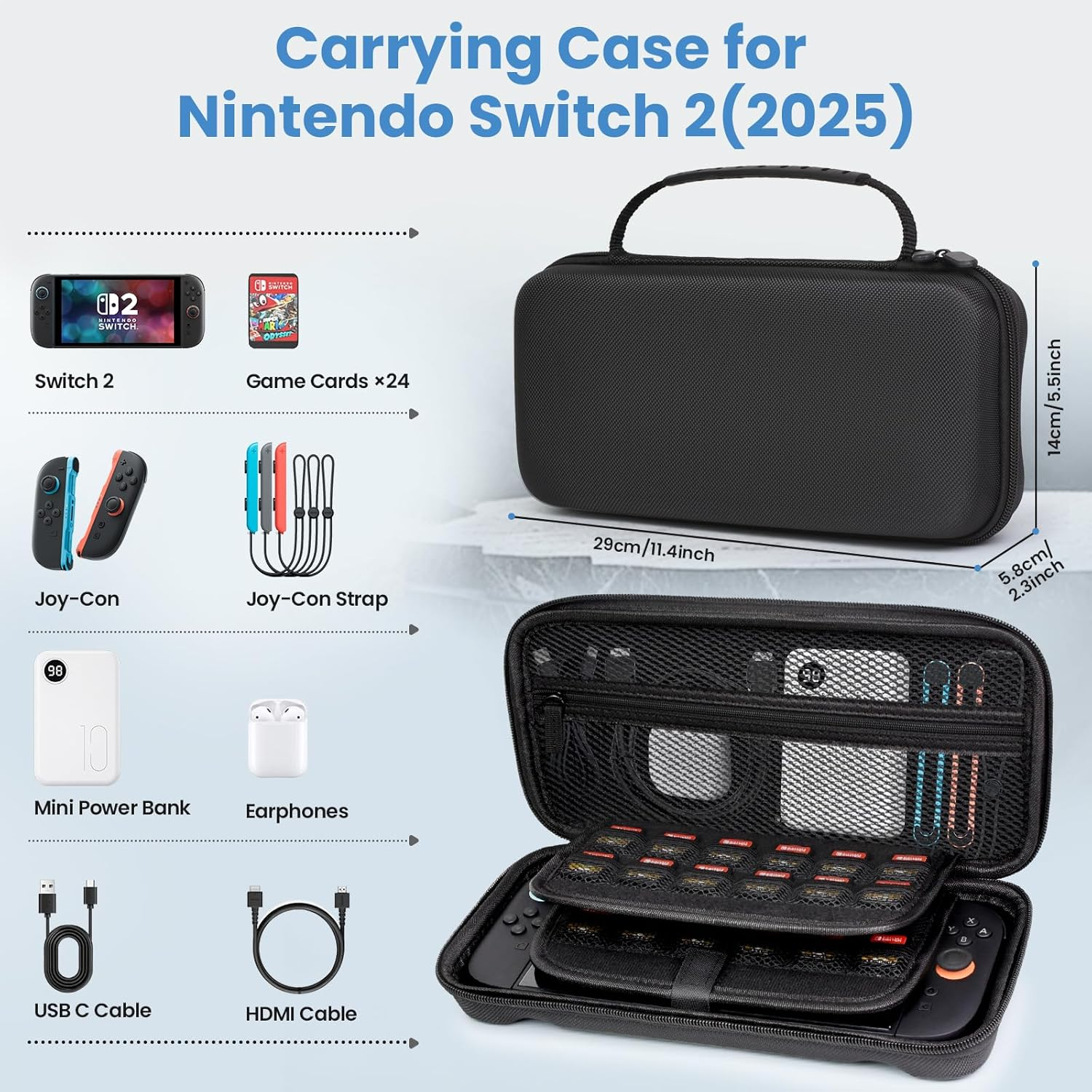 THRAU Nintendo Switch 2 Carrying Case Large Capacity Hard Shell Travel Pouch with 2 Screen Protectors, Thumb Grips, 24 Game Card Slots for Switch 2 Console & Accessories (Standard Version) image number 4