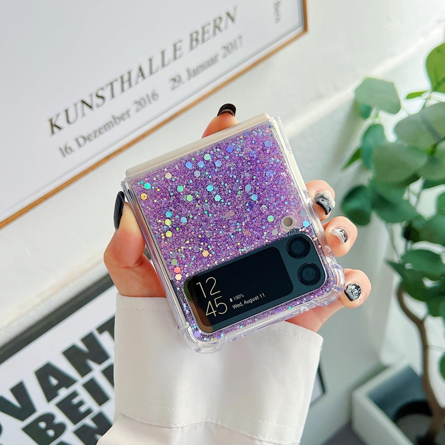 UEEBAI Case for Samsung Galaxy Z Flip 4 5G, Pretty Bling Glitter Case for Women Cute Shiny Sparkle Phone Case for Girls Bling Stars Cover Four Corner Shockproof Slim Fit Flip Case - Purple