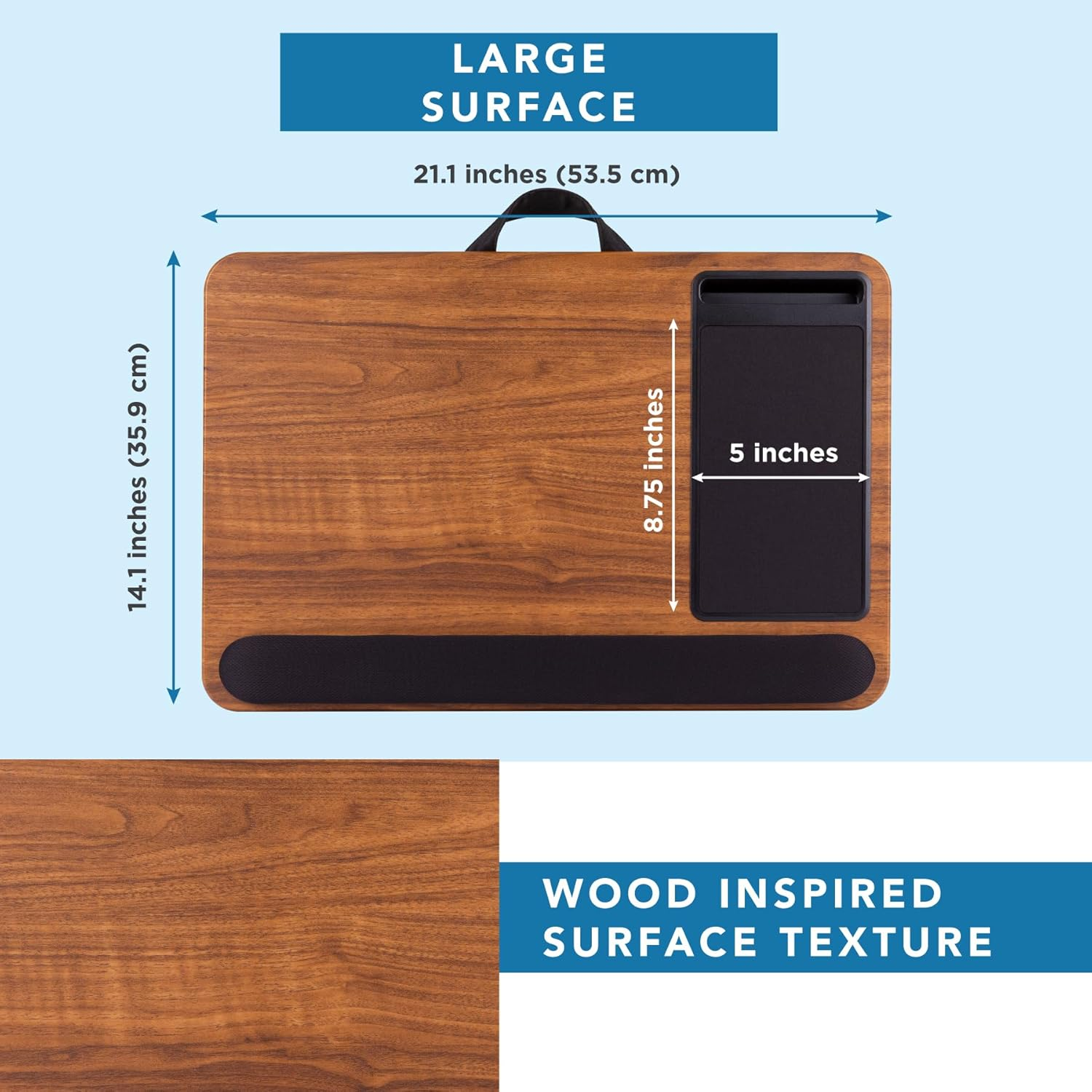 LAPGEAR Home Office Pro Lap Desk with Wrist Rest, Mouse Pad, and Phone Holder - Espresso Woodgrain - Fits up to 15.6 Inch Laptops - Style No. 91612 image number 5