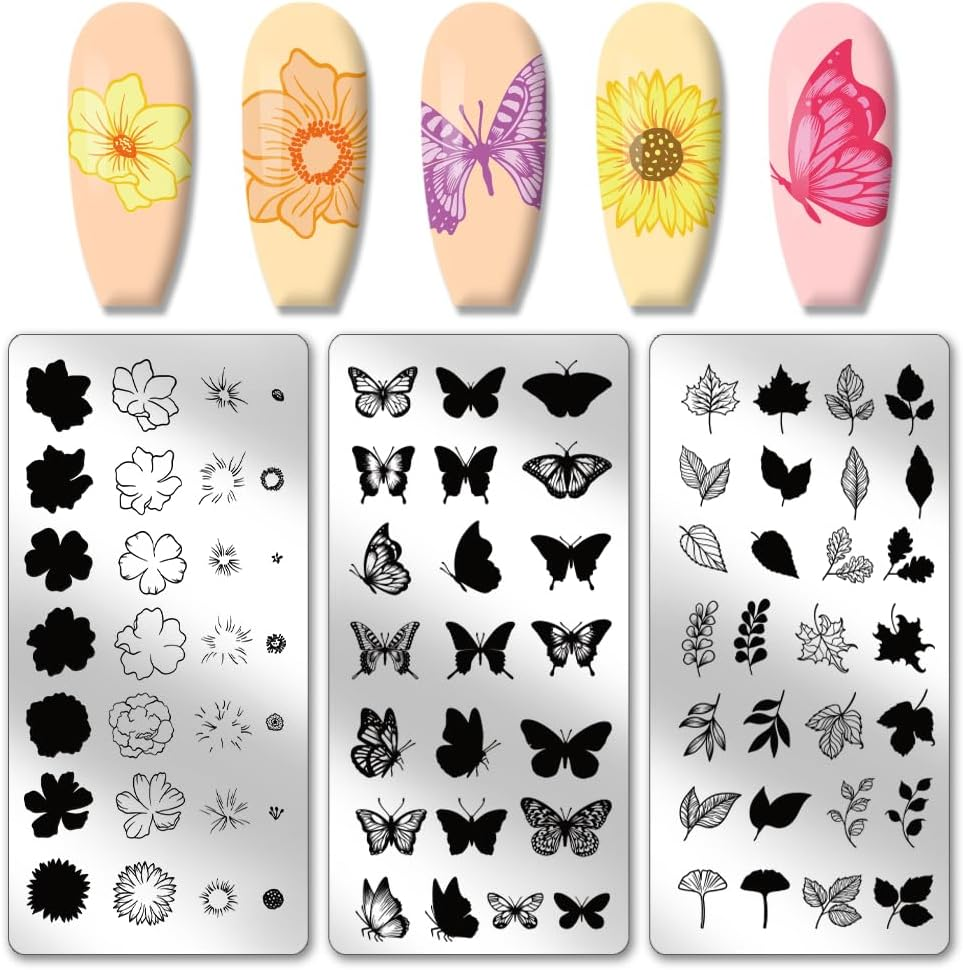 PH Pandahall 3Pcs Flower Leaves Nail Stamp Plates, Butterfly Nail Stamper Plant Nail Art Stencils Print Nail Stencils Stainless Steel Nail Picture Plate for Overlay Use, Nail Art Design image number 3