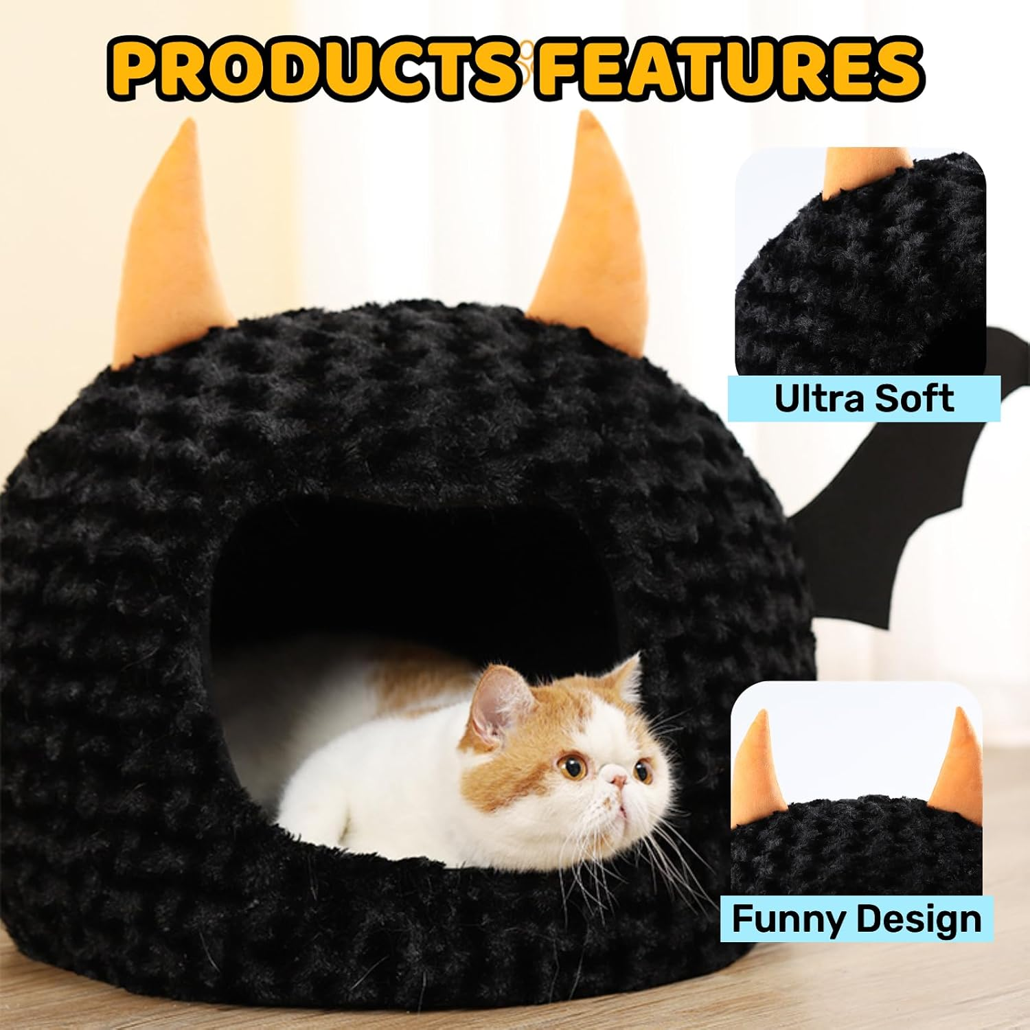 Funny Cat Bed Halloween Large Cat Cave Nest Warm Cute Kitten Bed Mattress Cartoon Ultra Soft Plush Removable Cushion image number 5