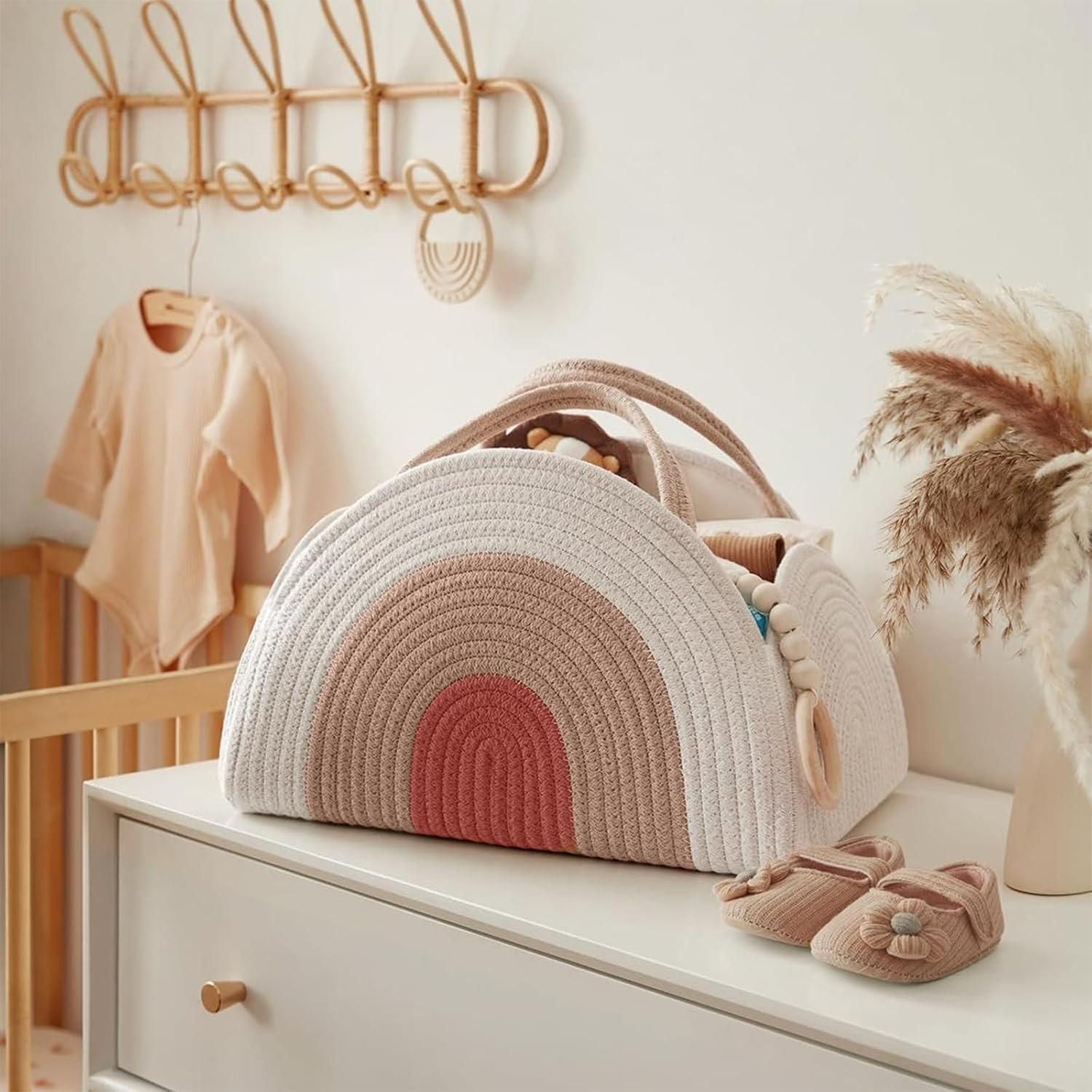 Baby Diaper Caddy Organizer, Cotton Rope Nursery Storage Basket, Large Baby Shower Caddy for Newborn Boys and Girls, Baby Shower List, Earthy Rainbow image number 6