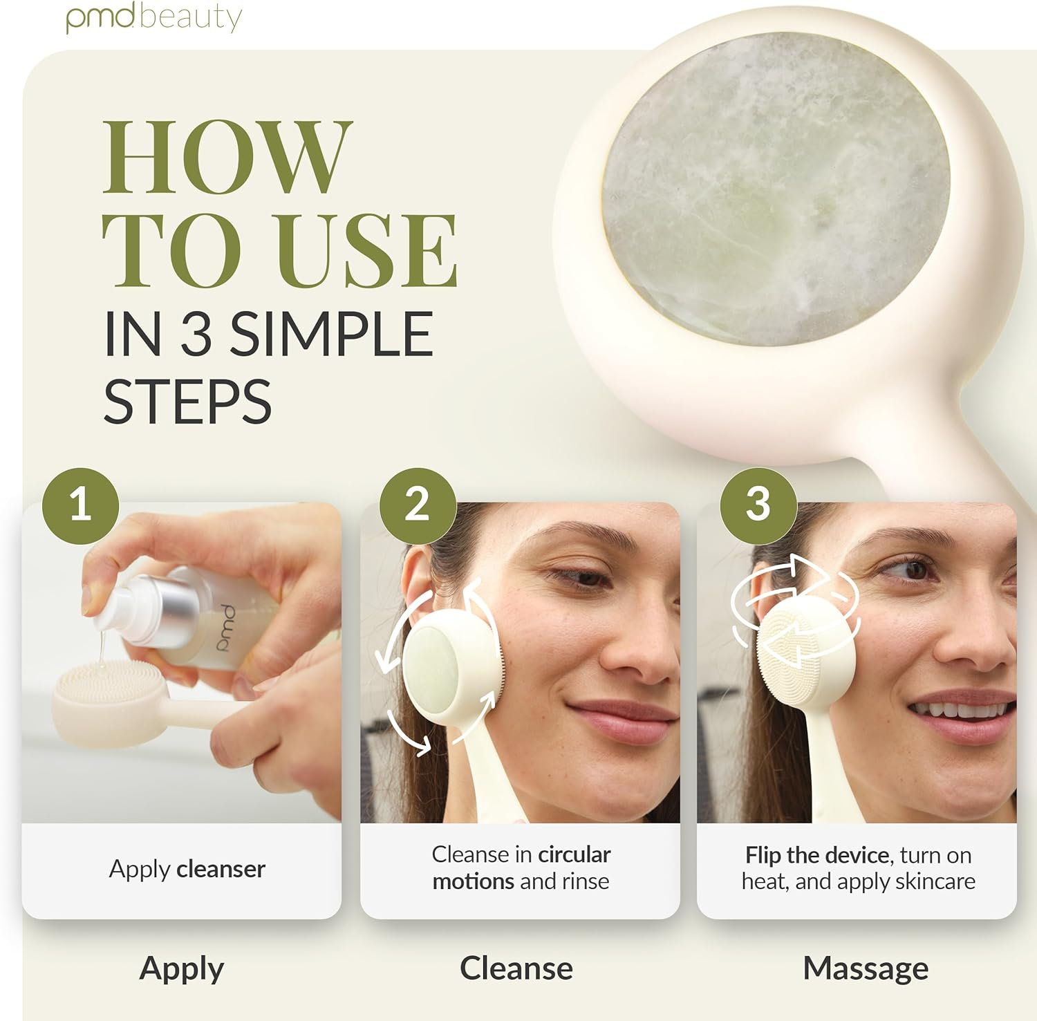 PMD Clean Pro Jade - Smart Facial Cleansing Device with Silicone Brush & Jade Gemstone Activewarmth Anti-Aging Massager - Waterproof - Sonicglow Vibration - Lift, Firm, and Tone Skin on Face and Body - Cream image number 3