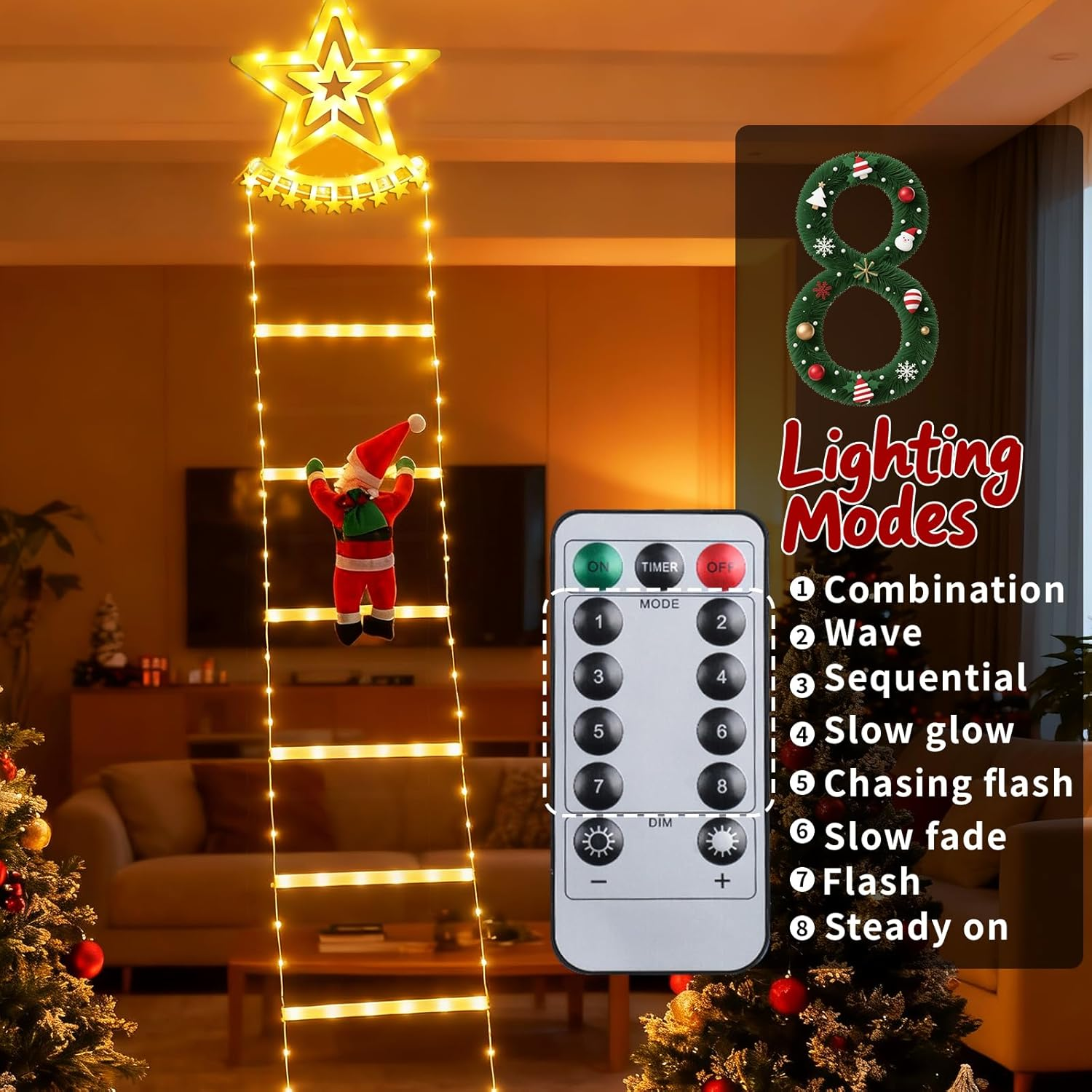 Qoosea LED Santa Claus Ladder Fairy Lights, 2.7 M LED Christmas Lighting Outdoor with Timer, Memory Function, 8 Modes, for Indoor Outdoor Christmas Tree Window Christmas Decoration