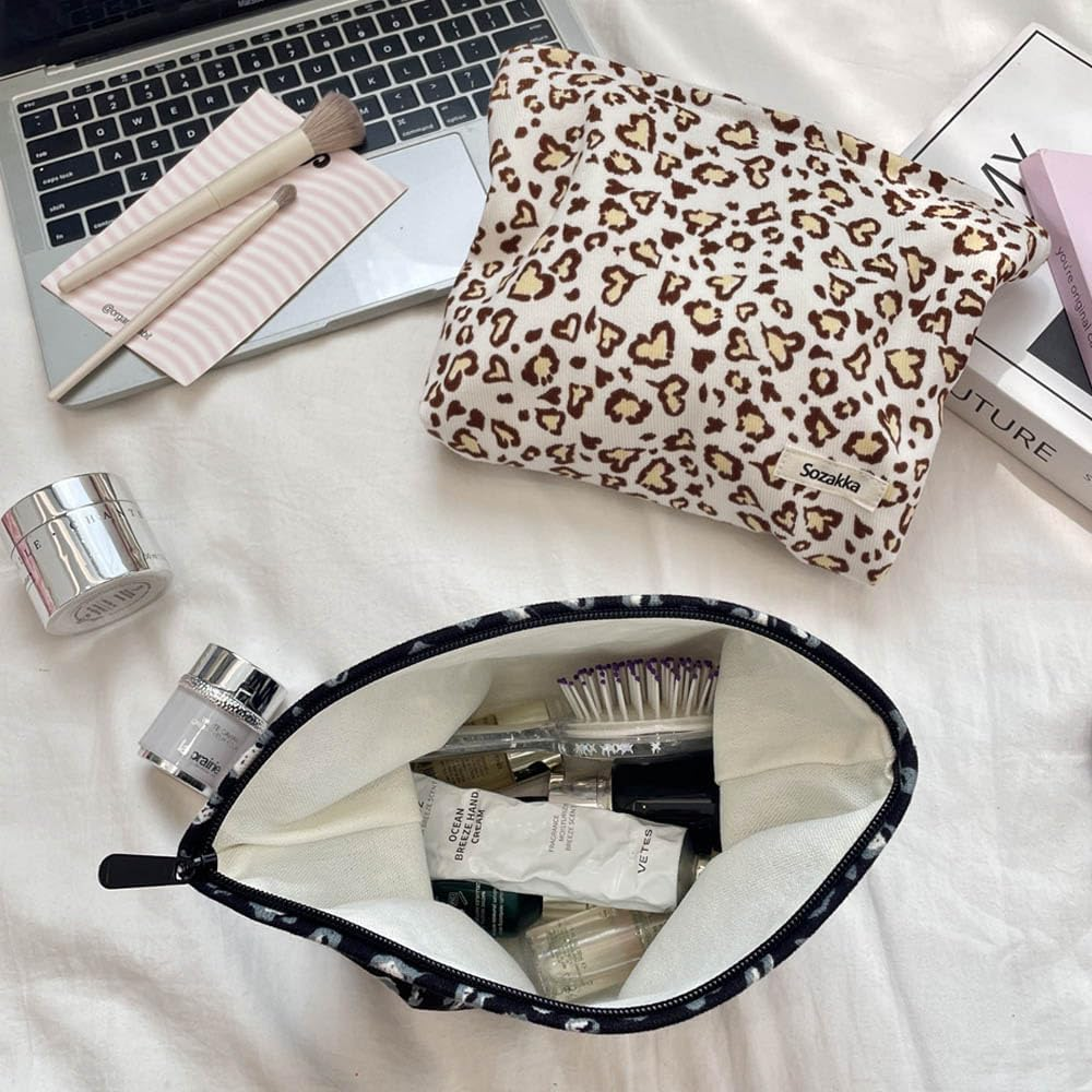 Tcdwla Cosmetic Bag, Pack of 2 Make-Up Bag, Toiletry Bag, Corduroy Small Women, Pencil Pouch, Aesthetic School Stuff for School, Travel, Business, Shopping, Hiking, Beige 1, Leopard Tattoo image number 5