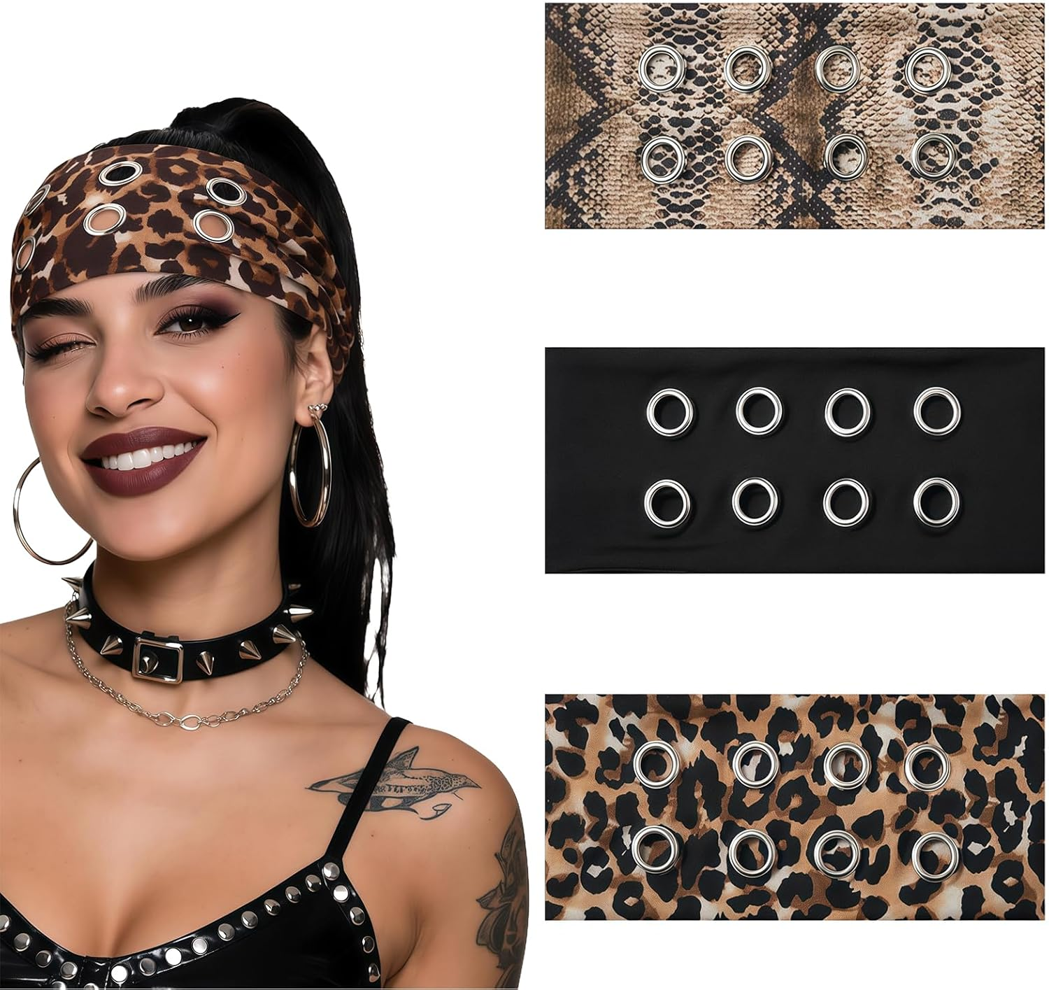 Vesavifaka 3 PCS Fashion Grommet Wide Headbands for Women, Hollow Out Eyelets Elastic Head Bands, Y2K Girls Punk Grunge Stretchy Hair Accessory (Black, Snakeskin, Leopard, 3.9" Wide) image number 2