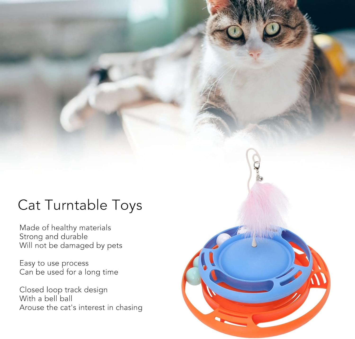 Cat Turntable Toys, Multifunctional Puzzle Interactive Cat Roller Tracks Ball with Cat Teasing Stick, round Base Cat Roller Toy Non Tumbling Function Scratching Cat Toys for Cats image number 4