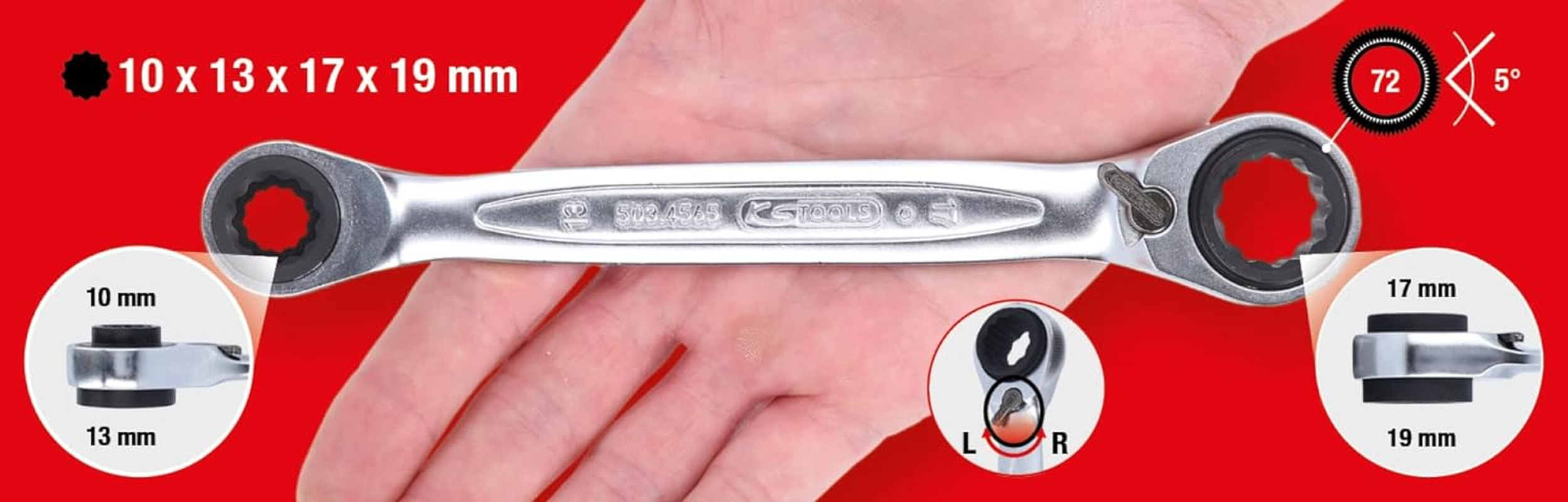 KS Tools 503.4565 4-In-1 Gearplus Reversible Double Ratchet Ring Spanner, 10 X 13 X 17 X 19 Mm image number 1