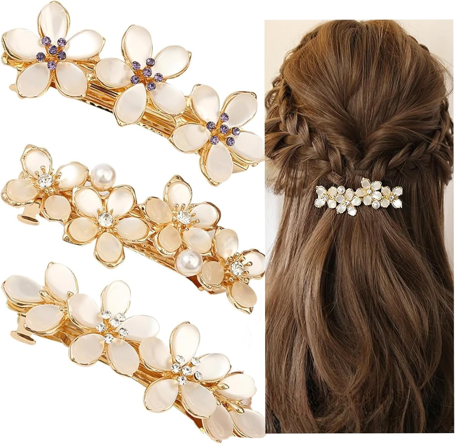 Rhinestone Pearl Hair Clips,3Pcs Antique Crystal Barrette Silver Flower Leafy Pins Elegant Jewelry Hair Decorations Accessories Head Pieces for Women Bridal Wedding Party Gift