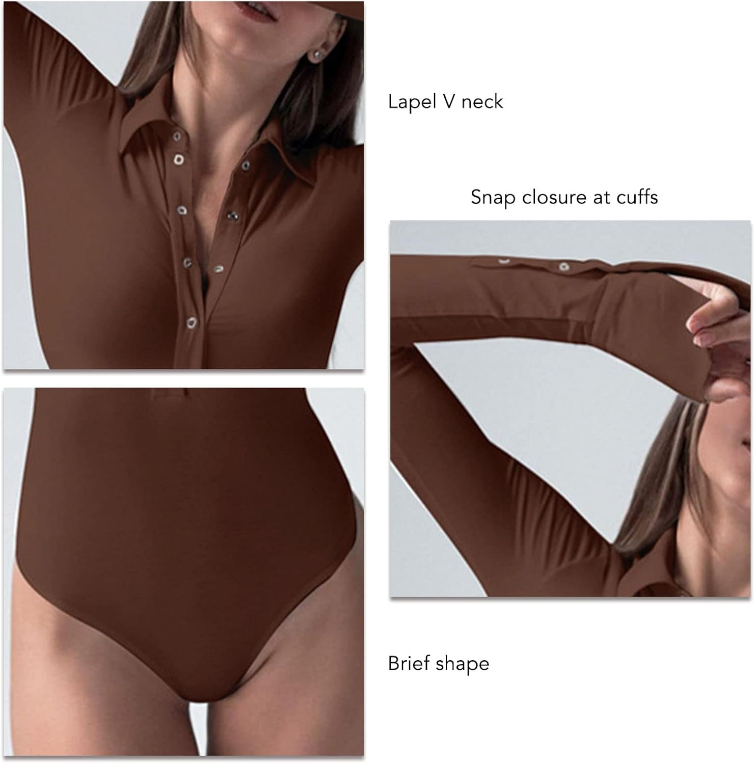 Slim Women Long Sleeve Bodysuit with Lapel V Neck, Snap Buttons Onesie for Club Party Look (Coffee) image number 5