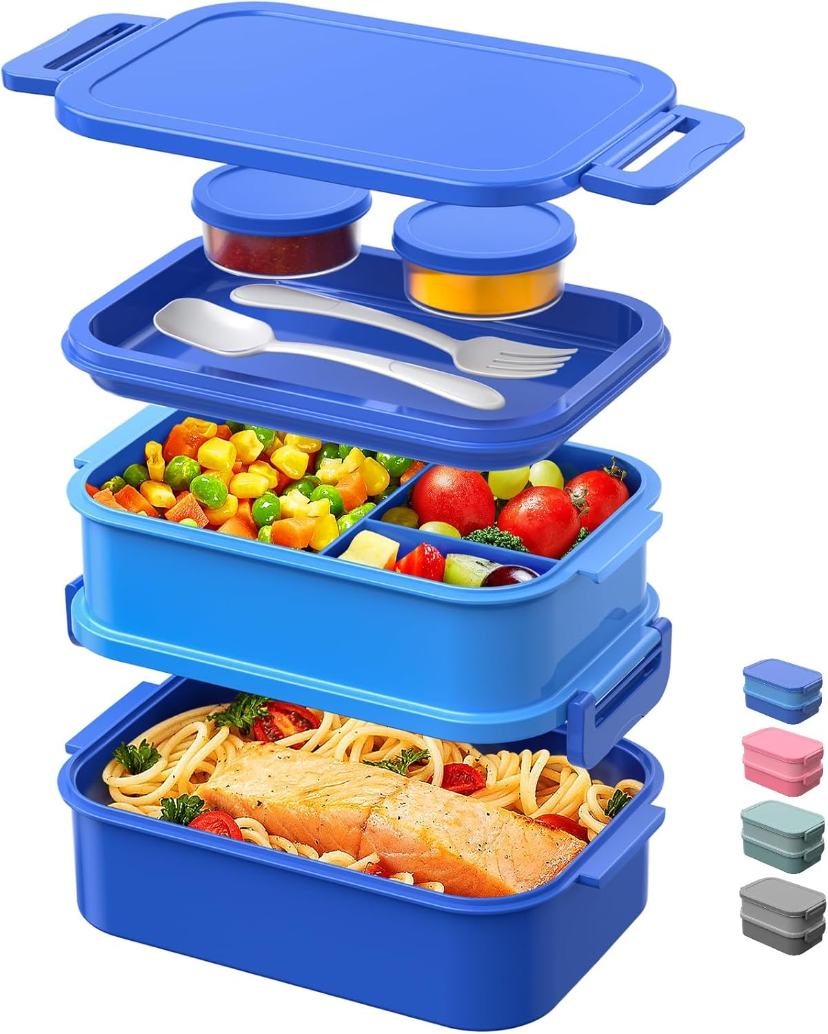 Dacool Bento Box Adults Lunch Container - 74 OZ Stackable Leakproof Bento Lunch Box for Adults Men Boys Teens Large Lunch Box Containers with Fork Spoon Sauce Boxes for Work School Dining Out, Blue - 1-Morandi-Green image number 3