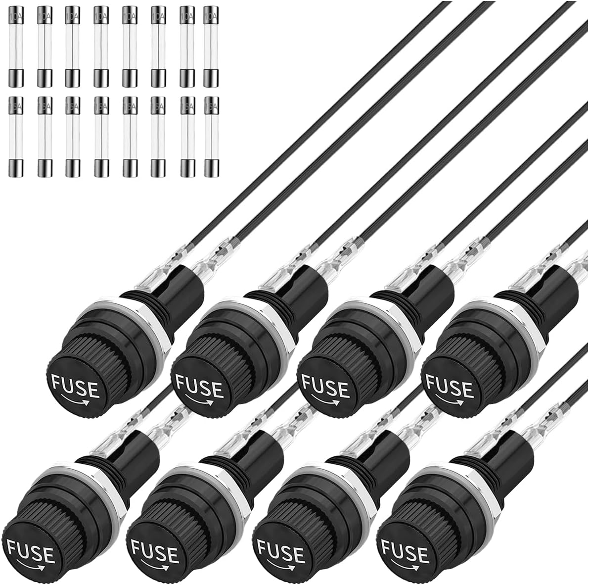 8Pcs Panel Mount Fuse Holder DC 12V AV250V Screw Cap Fuse Holder 5X20Mm with Pre-Soldering Wire and Fast Blow Glass Tube Fuse 10A X 8, 15A X 8 image number 3
