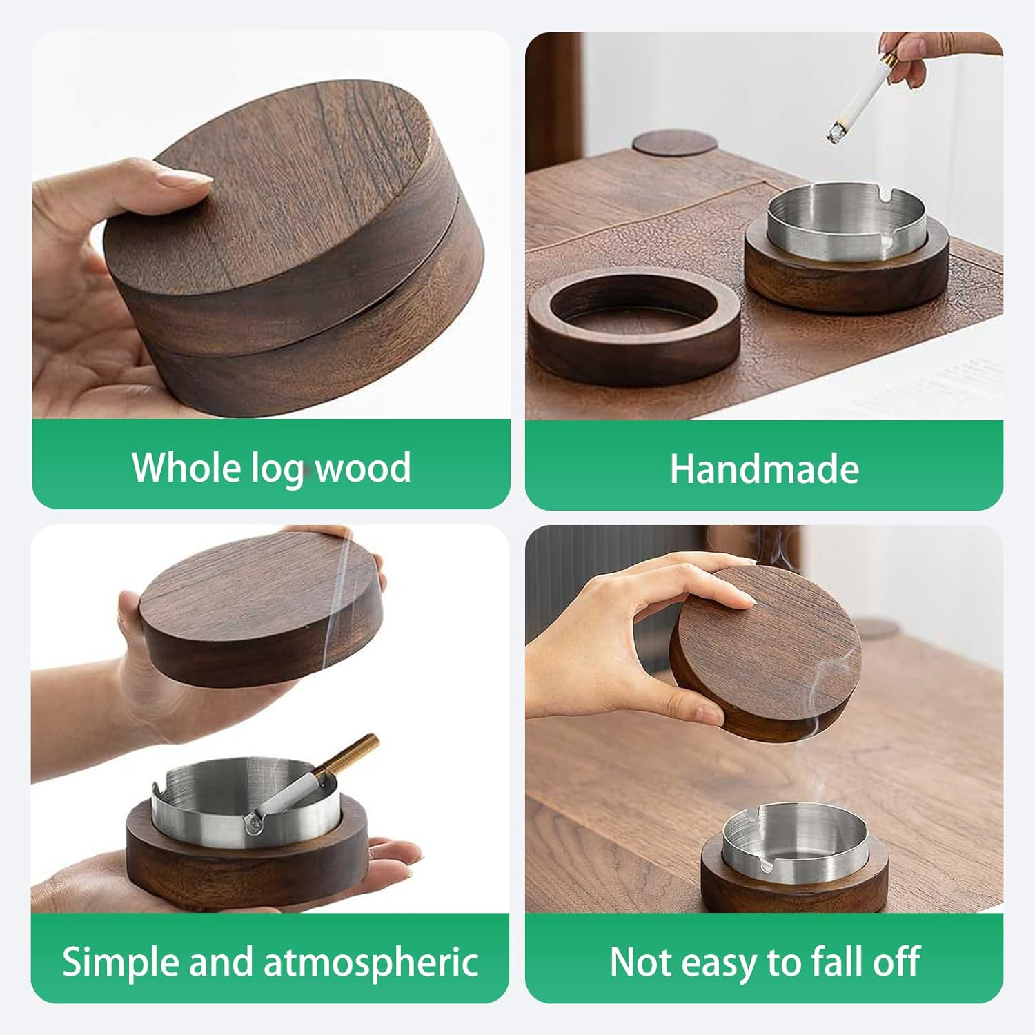 Wooden Ashtray with Stainless Steel Inner Box - Flameproof Design with Lid anti Fly Ash with Trough - Portable Office and Home Decorative Indoor Outdoor Use image number 2