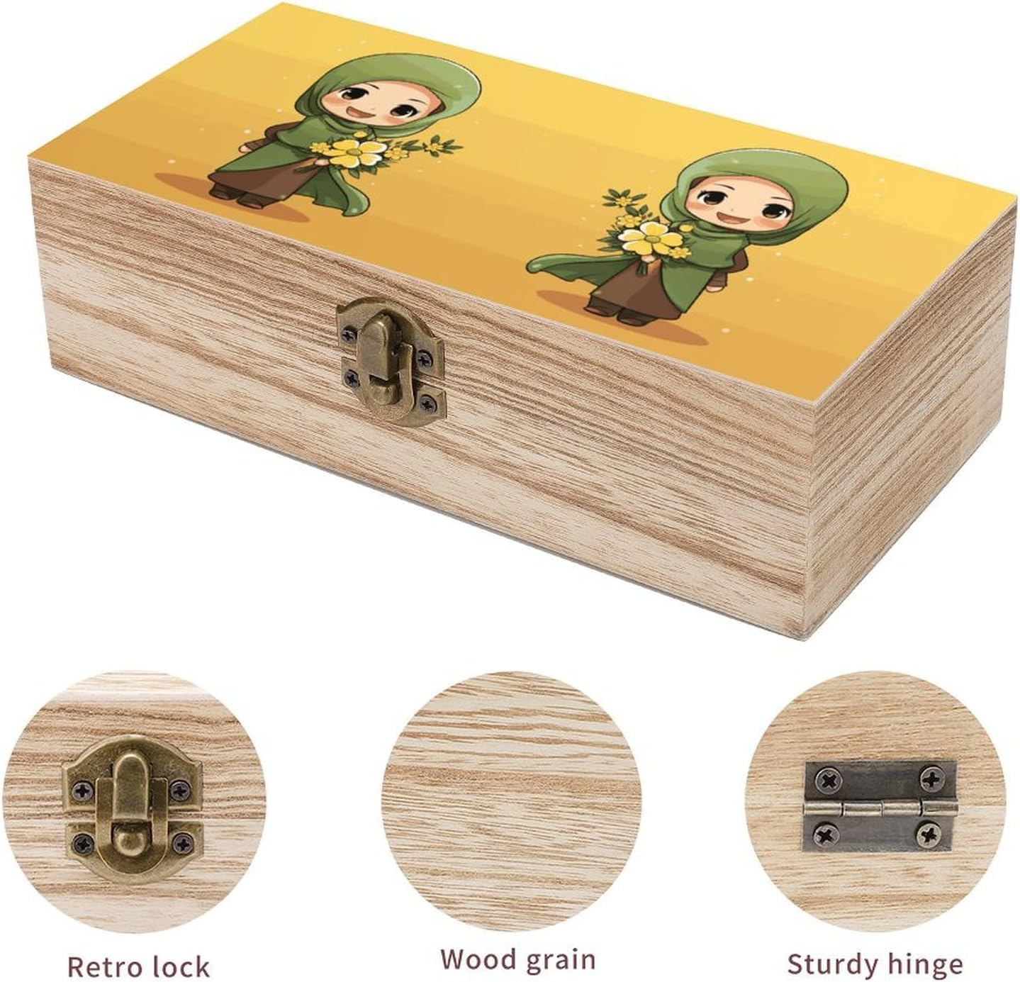Cartoon Muslim Girl Wooden Box Wood Wedding Keepsake Boxes with Lids Small Decorative Boxes Lightweight Wooden Memory Storage Box for Crafts Keepsakes Jewelry Photo Letter Storage image number 3