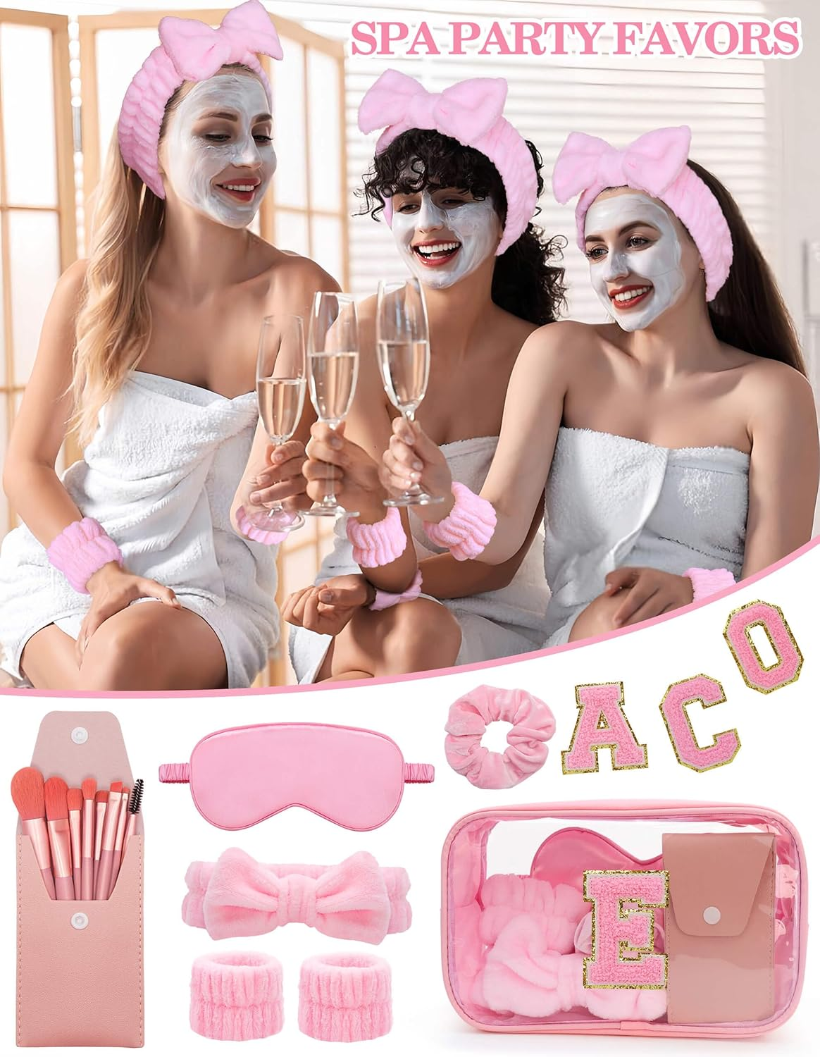 Gift Sets for Women, Initial Makeup Bag with Makeup Brush Set Bachelorette Party Favors, Pink Spa Kit with Skincare Headbands Wrist Bands Sleepover Party Supplies Gifts for Teen Girls Bridesmaid E image number 1