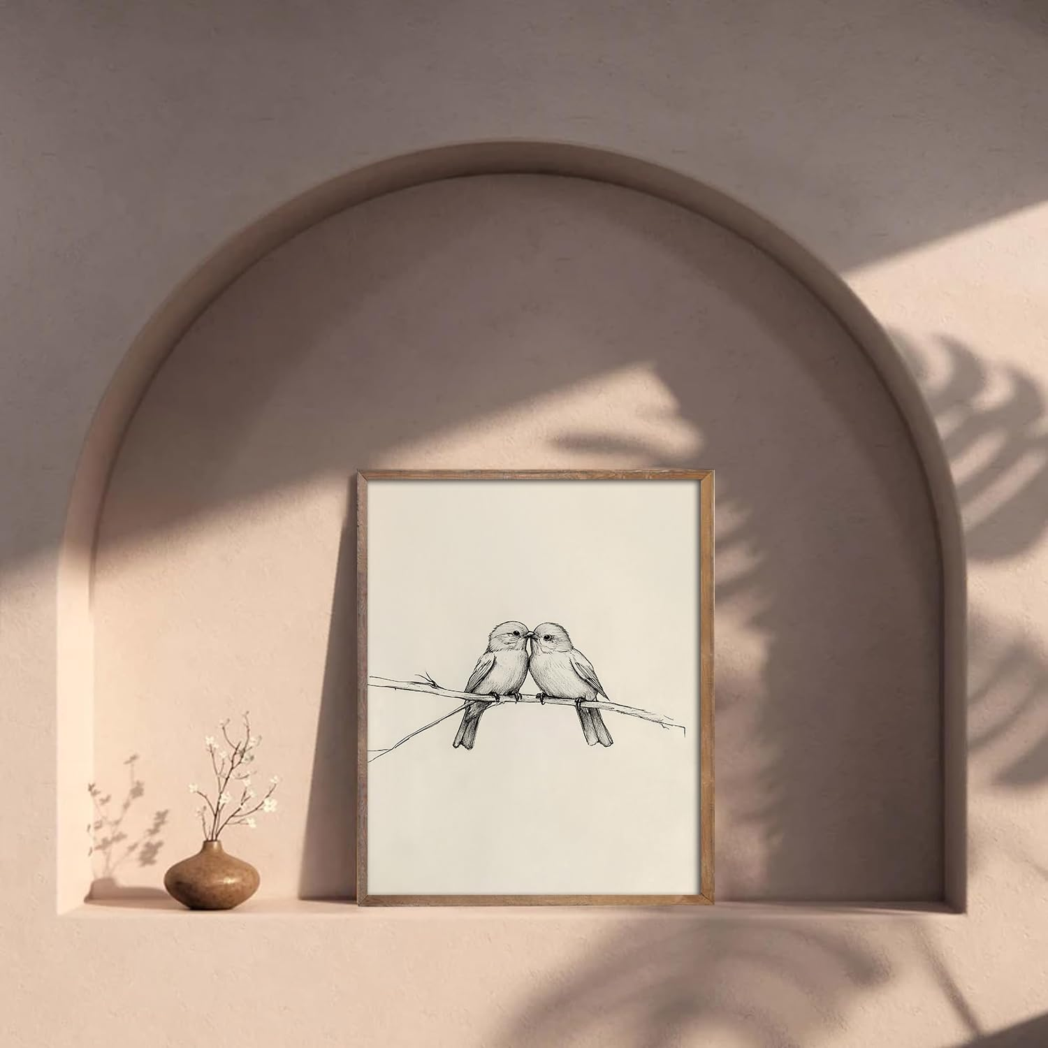 Kizbok Neutral Bird Wall Art Prints, Vintage Birds in Love on a Branch Canvas Painting Prints for Wall Decor, Bedroom Wall Decor Bird Sketch Drawing Art Pictures for Farmhouse Decor, Rustic Vintage