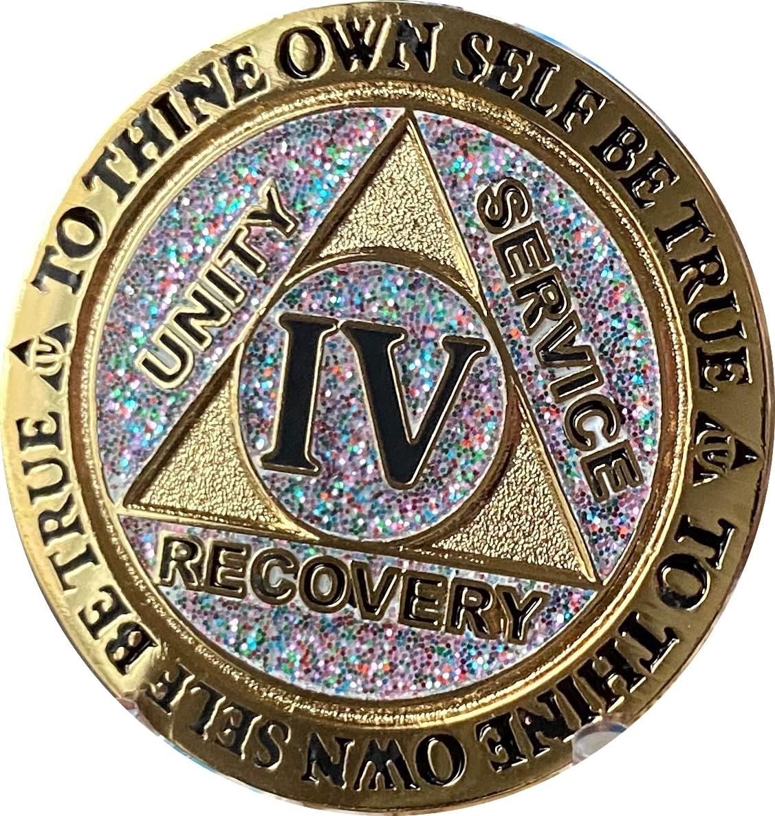 4 Year AA Medallion Reflex Birthday Funfetti Silver Glitter Gold Plated Color Chip