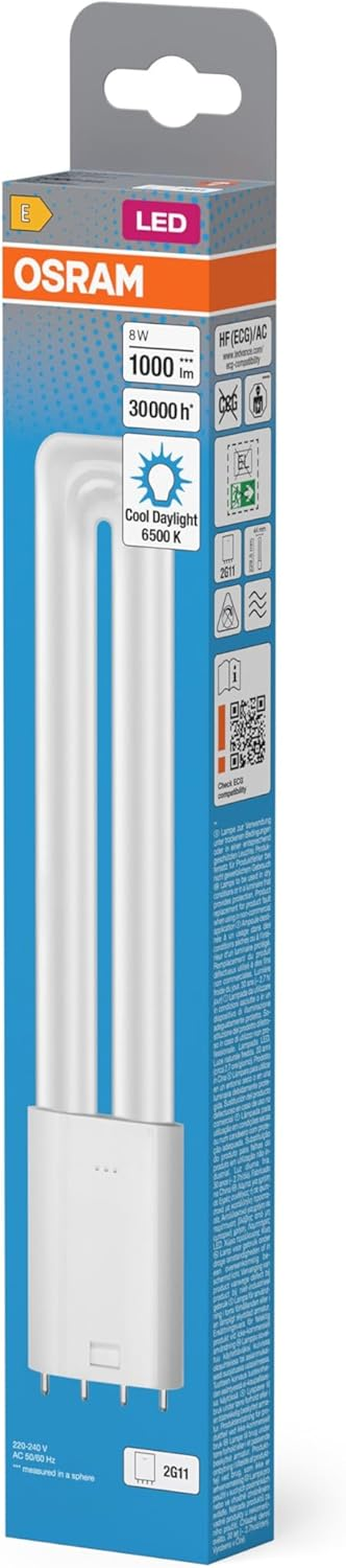 OSRAM DULUX LED Tube L18 2G11 8W Cool White 1000LM IP20 Compact Fluorescent Replacement for EVG Lights 4 Pin Base White Glass 44Mm image number 1