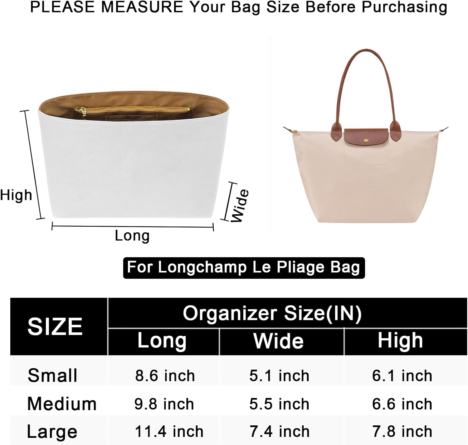 LOUKAYCCI New Dupont Paper Purse Organizer Insert for Longchamp Le Pliage M Handbag Insert (White&Brown, Medium) image number 2