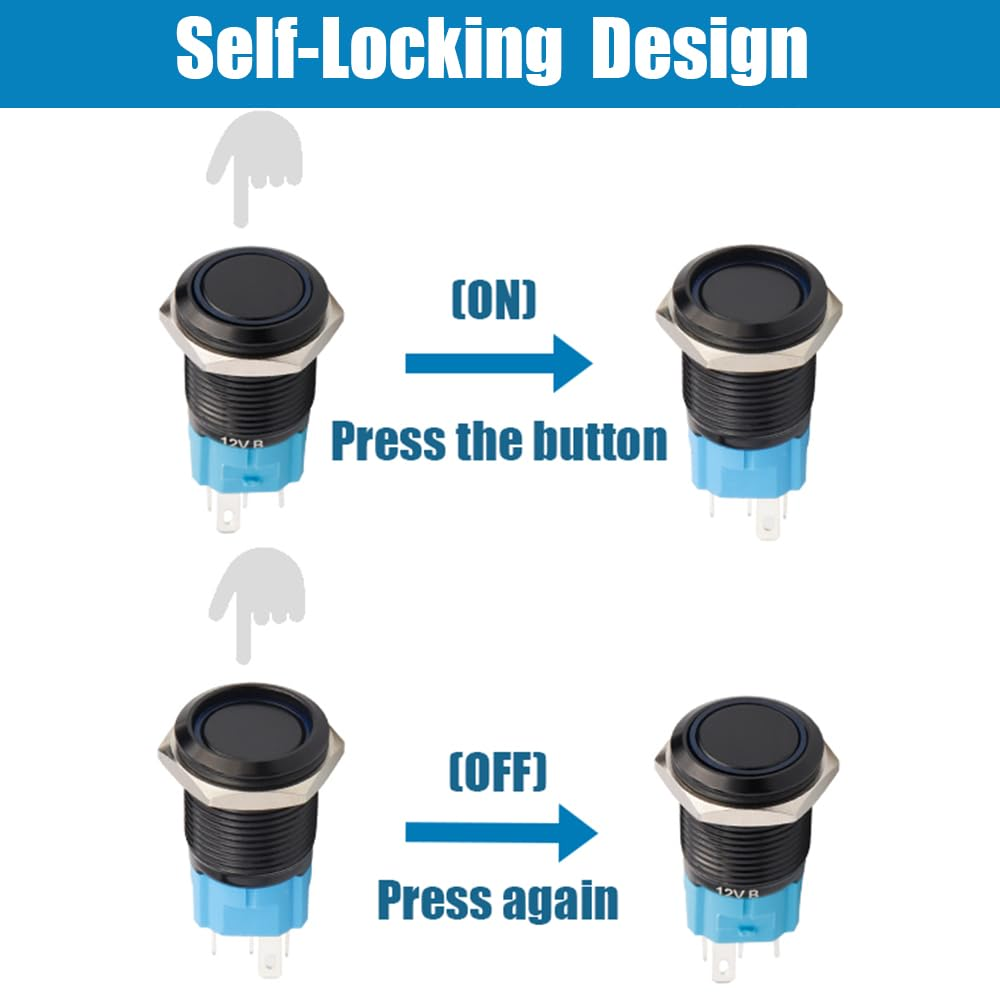 Yakamoz 2Pcs 16Mm Waterproof Latching Push Button Switches, 12V Self-Locking Button on off with Sockets Blue LED Wiring Harness for Automotive, Marine, Industrial Machinery and DIY. image number 5