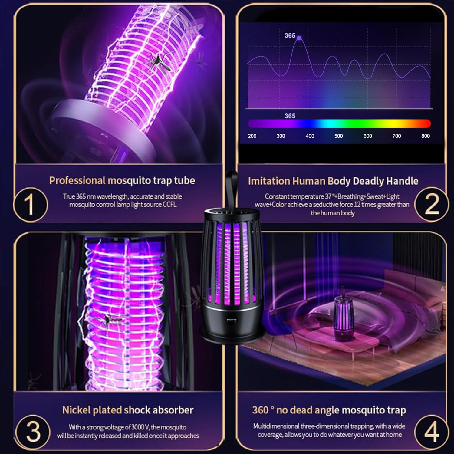 Electric Fly Catcher, Portable Bug Zapper,1200Mah Rechargeable Mosquito Killer, 2 in 1 Killer with UV Lamp and Lighting Lamp,360&deg; Attract Zap Flying Insect for Patio Bed Office Camping image number 3