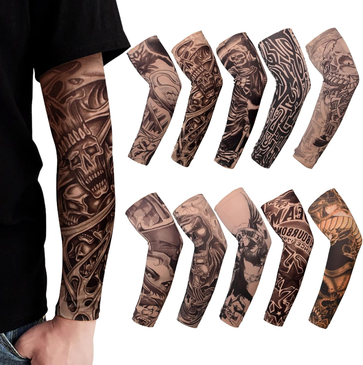 TSHAOUN 10 Piece Tattoo Sleeve Set Fake Sun Cream Arm Warmers, Tattoo Sleeves Tattoo Arm Stocking for Men Women Nylon Temporary Tattoo Stocking Arm for Carnival Party image number 2