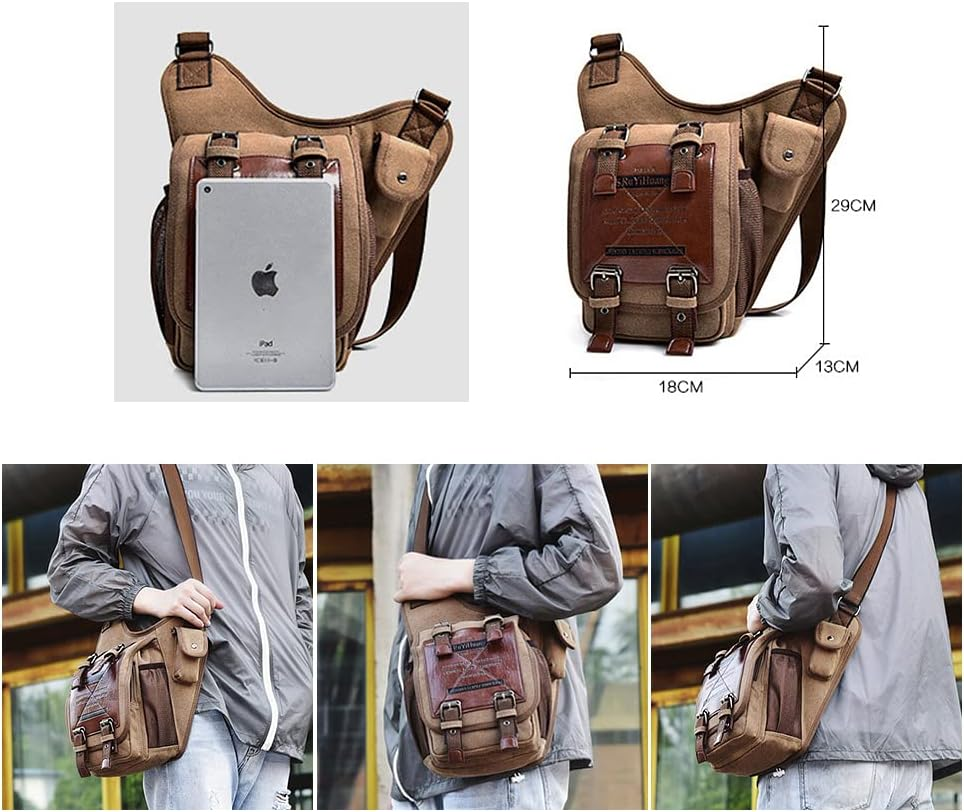 Messenger Bag for Men,Vintage Canvas Shoulder Waist Bag Chest Leather Patchwork Package image number 6