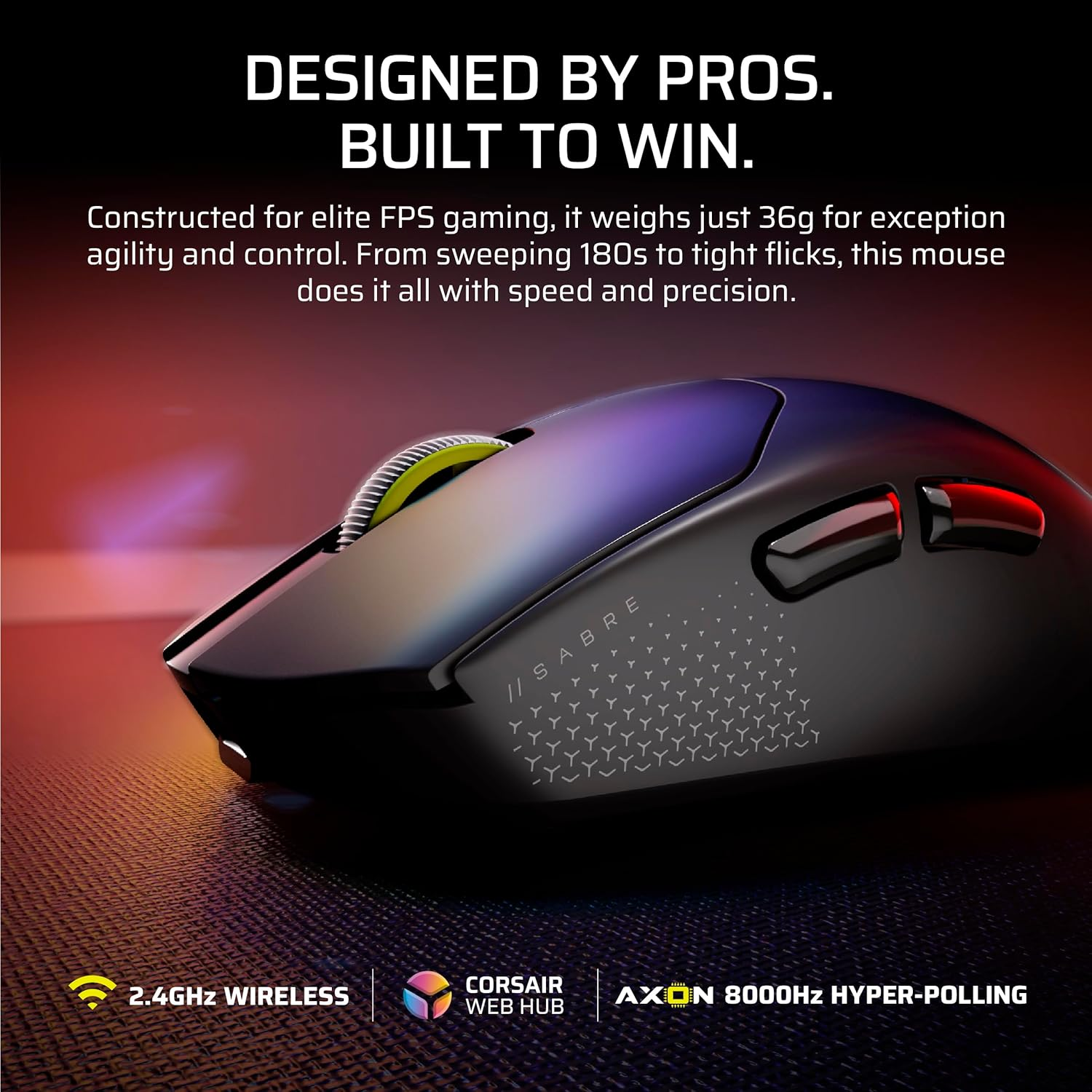 CORSAIR Sabre V2 PRO Ultralight FPS Wireless Gaming Mouse &ndash; 33,000 DPI, 36G Weight, 8,000Hz Hyper-Polling, Mechanical Switches, up to 70-Hour Wireless Battery Life &ndash; Black