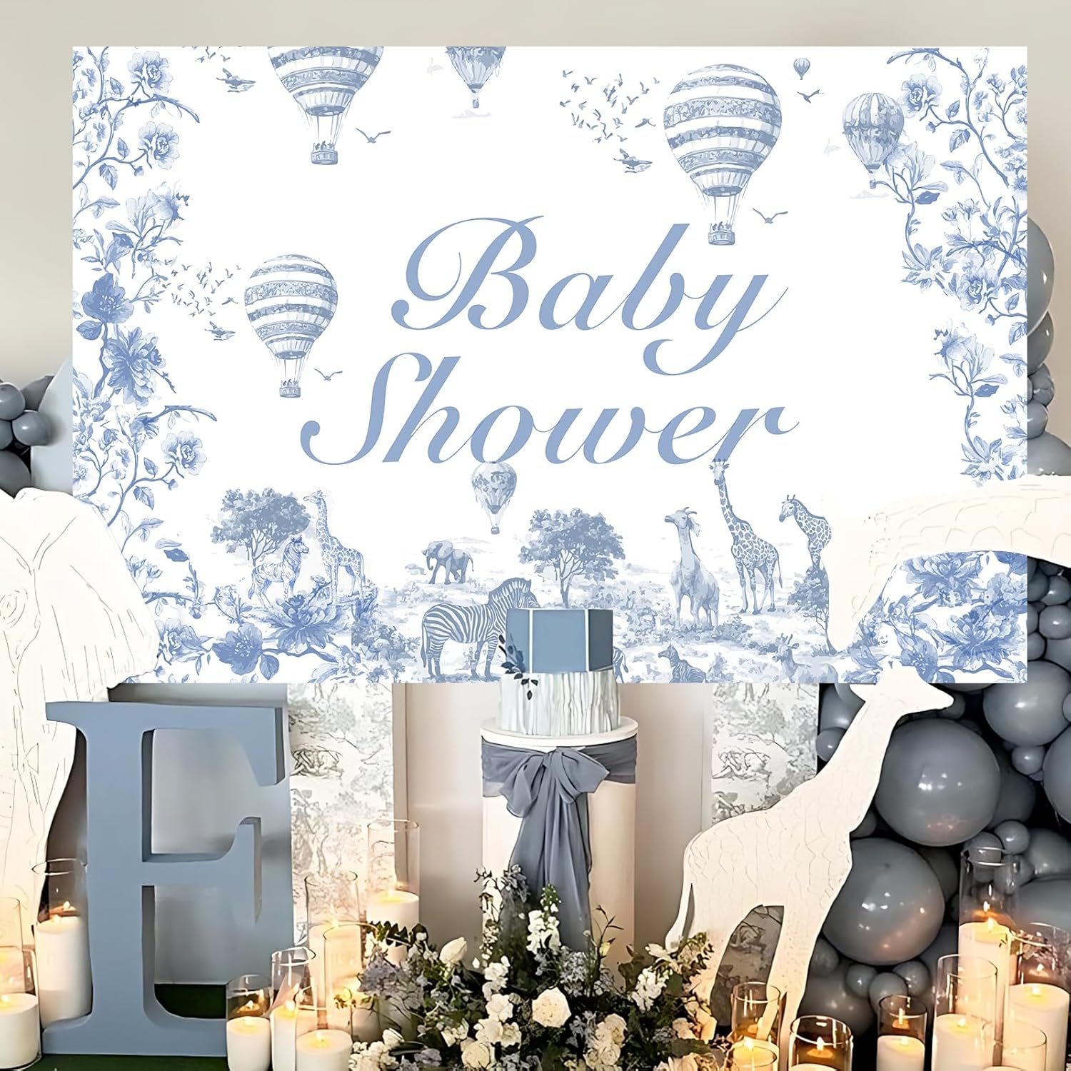 Wonmelody Jungle Safari Baby Shower Backdrop 5 * 3 Ft Dusty Blue Jungle Baby Shower Decor Chinoiserie Party Decor Jungle Animal Theme Giraffe Elephant for Chinoiserie Floral Baby Shower Birthday image number 2
