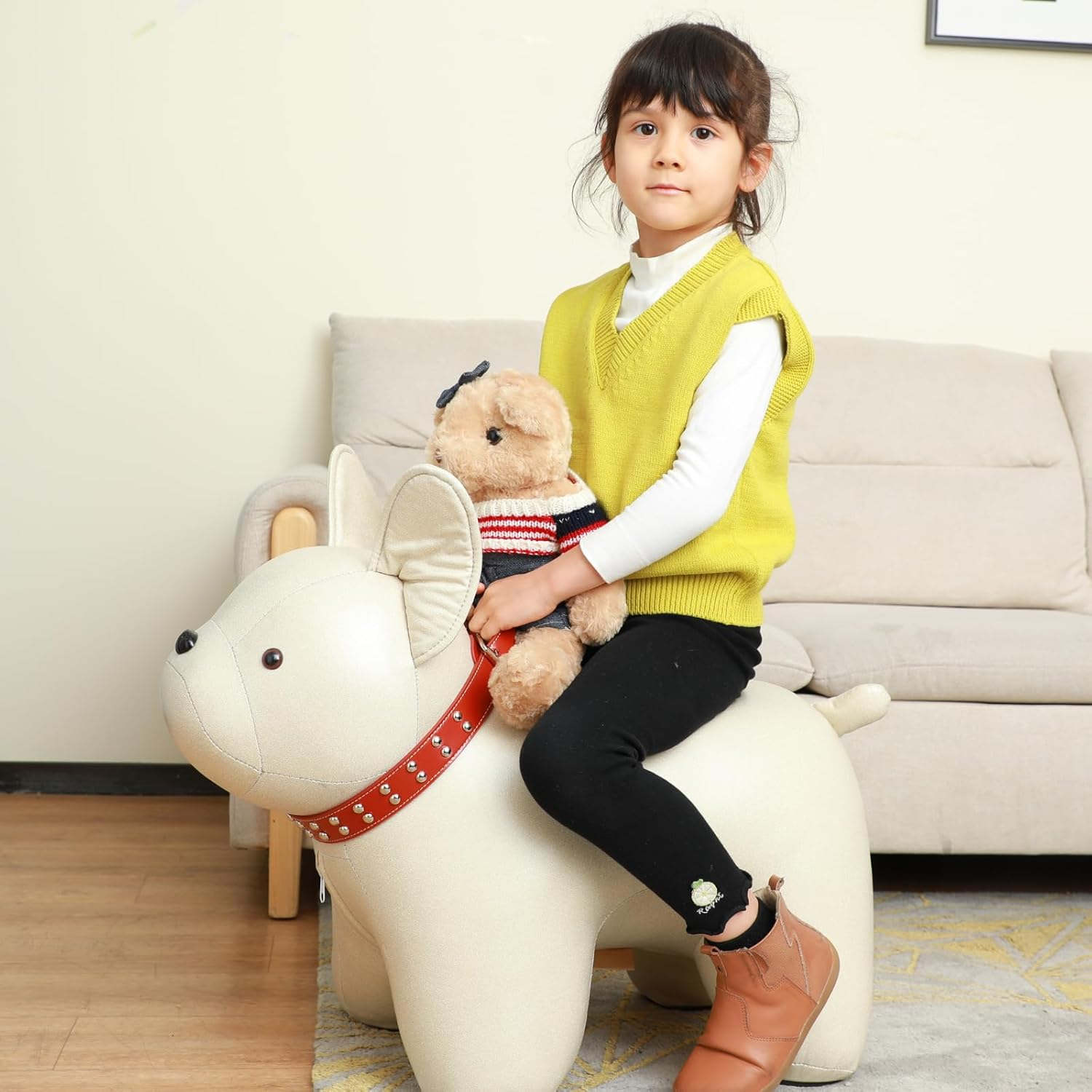 BST FURNH Cute Dog Animal Ottoman Animal Chair Dog PU Leather Pouf Wood Foot Stool Funky Ottoman Nursery Ottoman Puppy Cool Chair