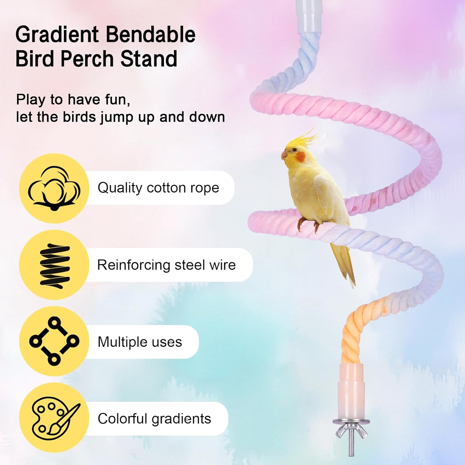 3Pcs Gradient Bendable Bird Perch Stand Set Climbing Rope Swing Playing Toys for Bird Cages Colorful Stand Rope for Parrots Cockatiels Budgies (Pink, One Size) - Pink image number 4