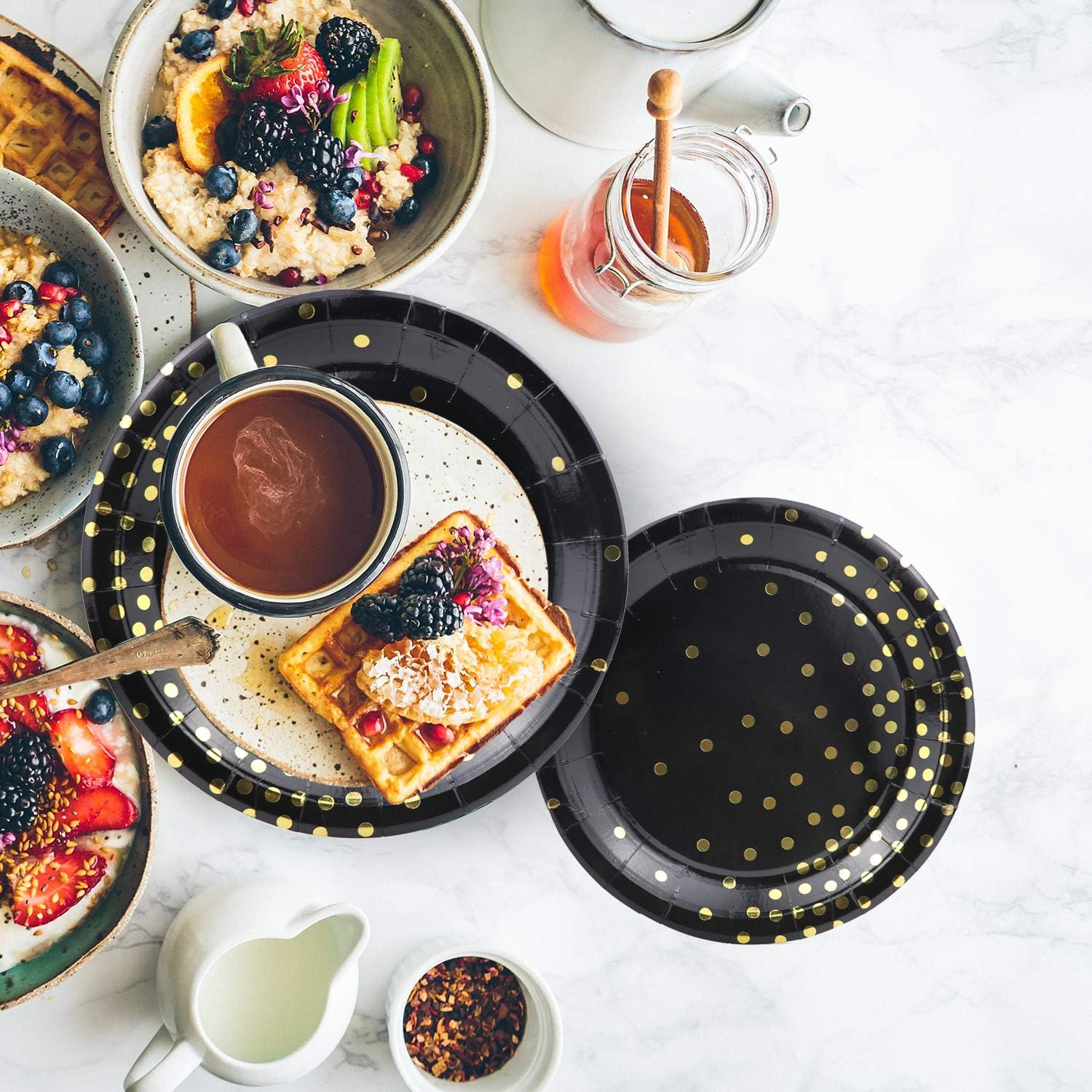 310PCS Black and Gold Party Supplies - Disposable Paper Plates Dinnerware Set Rose Gold Dots 50 Dinner Plates 50 Dessert Plates 50 Cups 50 Napkins 50 Straws 60 Balloons Birthday Party Wedding Holiday image number 1