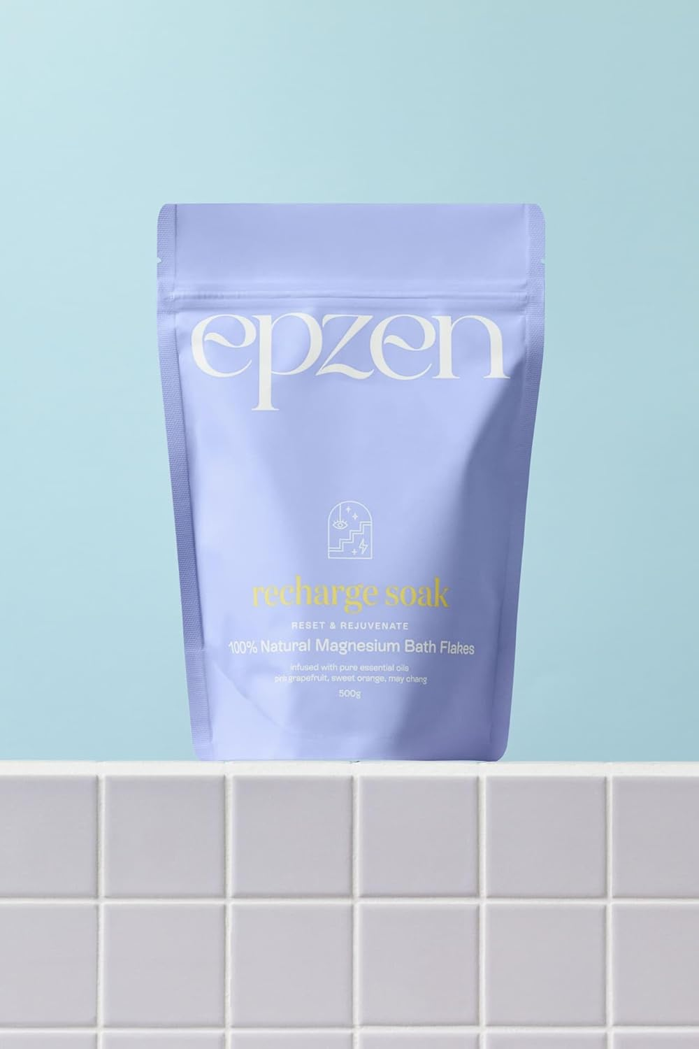 Epzen Recharge Soak Magnesium Bath Salts - Natural Epsom Salt Flakes with Grapefruit, Sweet Orange & May Chang Oils - Muscle Relaxation & Refuelling Bath Soak - 500G image number 4