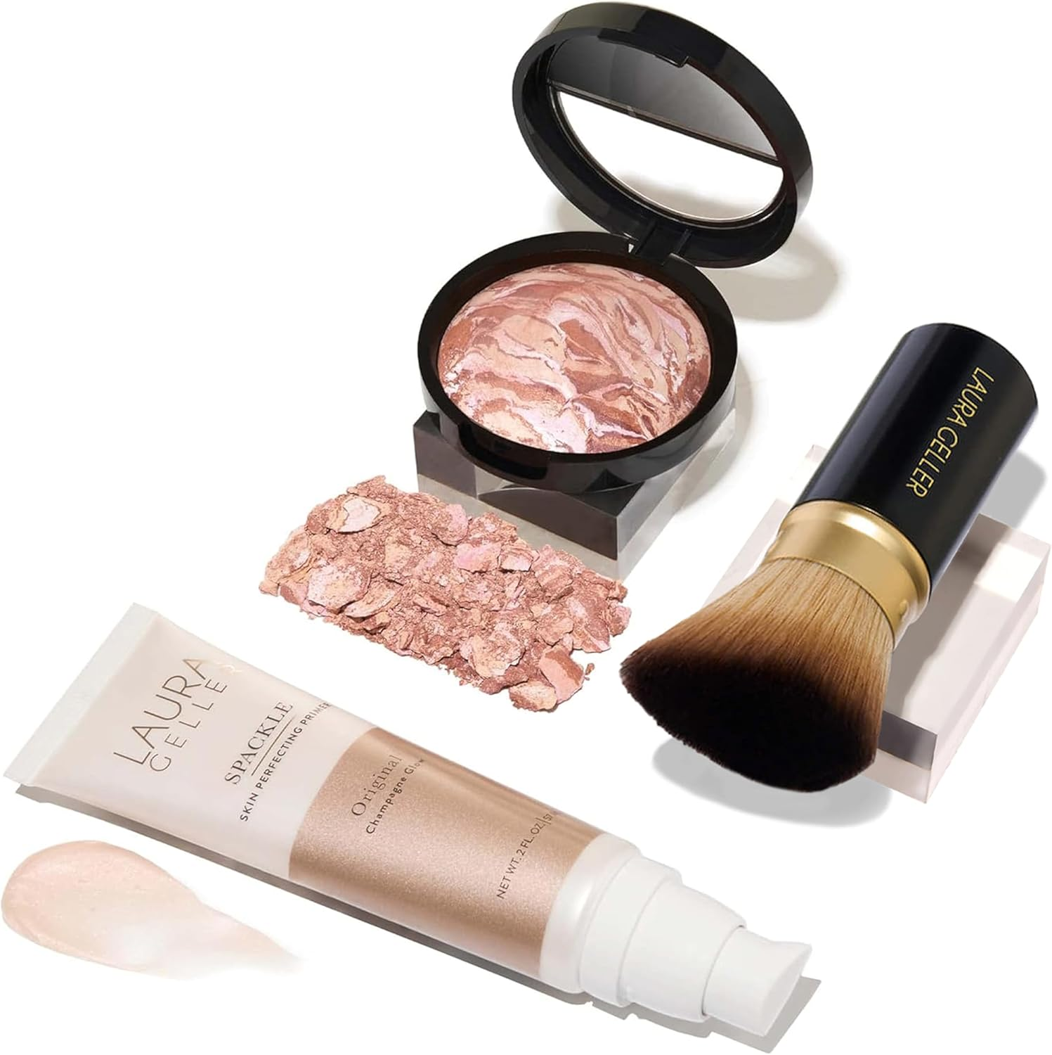 LAURA GELLER NEW YORK Ready-N-Radiant Kit (3 PC) - Baked Bronze-N-Brighten, Fair + Spackle Super-Size Skin Perfecting Primer, Champagne Glow + Retractable Angled Kabuki Brush