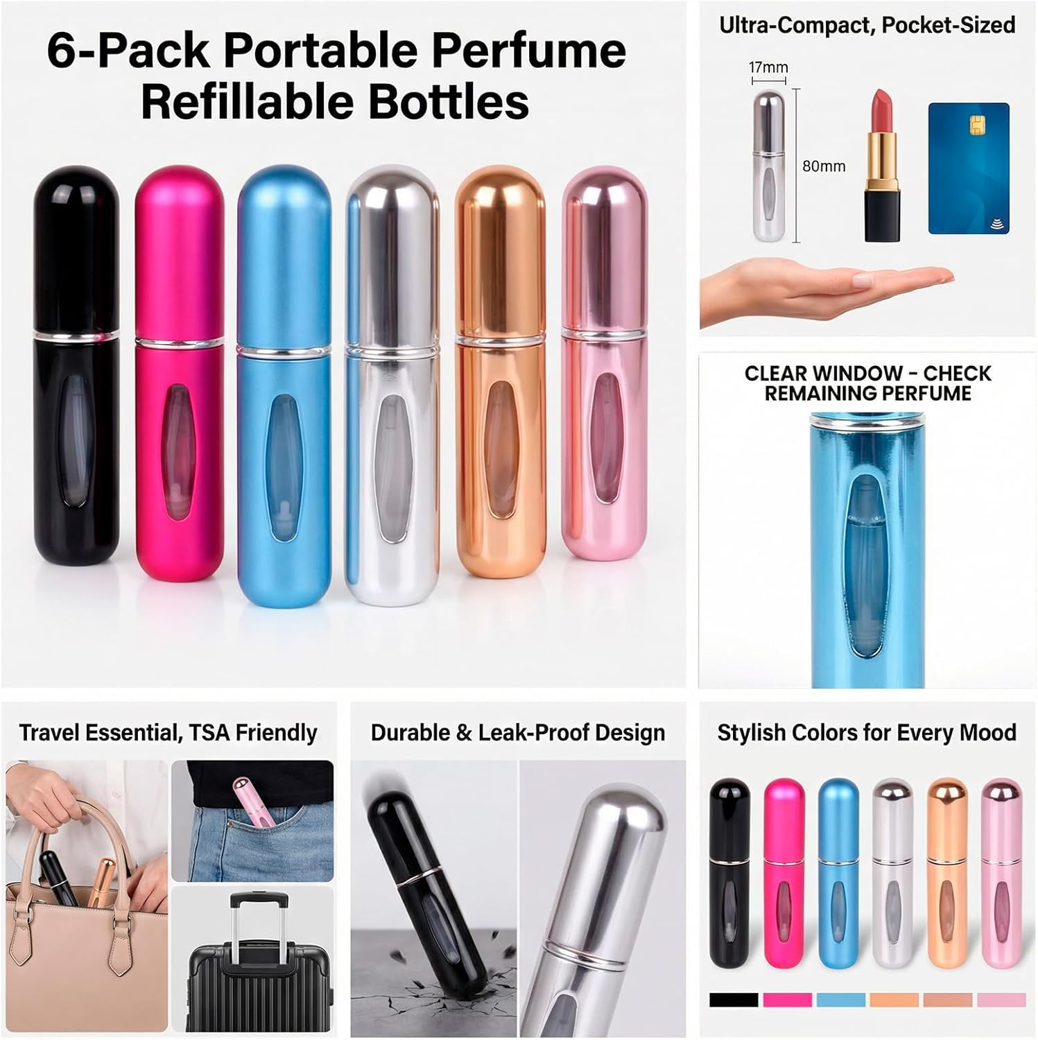 6Pcs Portable Perfume Travel Bottle, 5Ml Refillable Atomizer Set, Leak-Proof Mini Spray Bottles for Travel, Pocket & Purse, On-The-Go Fragrance Containers image number 4