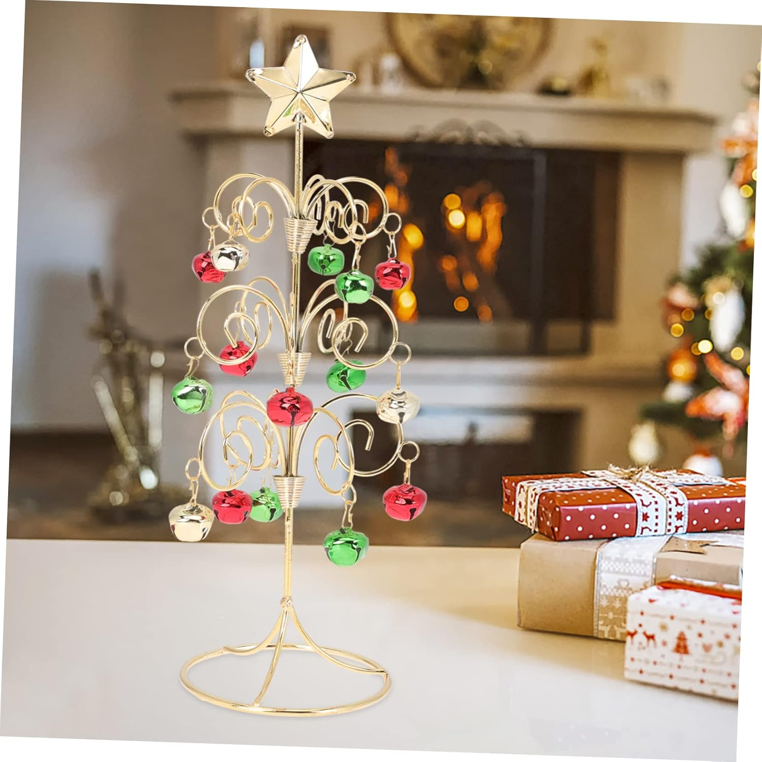 Mini Christmas Tree Ornament Iron Tabletop Xmas Tree Decor Bells and Ornaments Chic Holiday Adornment for Home Office Cafe and Restaurant image number 3