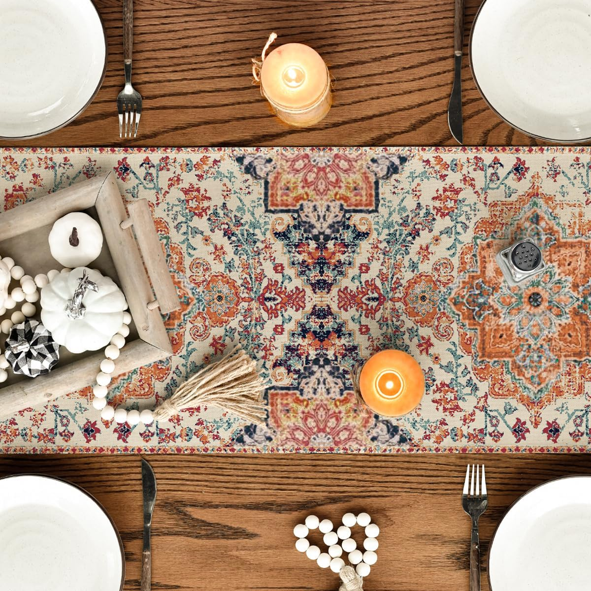 Artoid Mode Boho Bohemia Style Orange Table Runner, Country Rustic Farmhouse Magical Fall Kitchen Dining Table Decoration for Home Party Decor 33 X 183 Cm image number 3