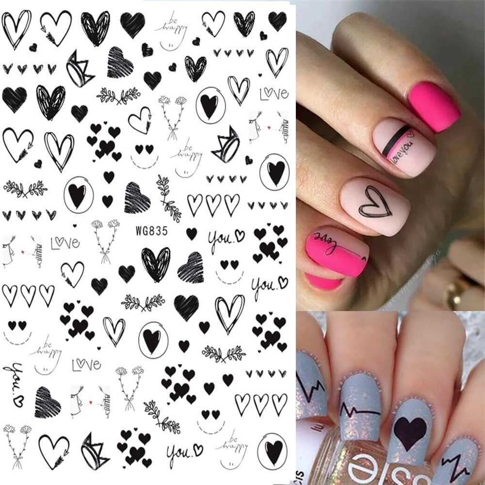 Nail Stickers, Self-Adhesive, Valentine'S Day Nail Sticker, Black Heart Nail Art Sticker, 3D Black Nail Stickers, DIY Manicure Decoration (4 Sheets) image number 1
