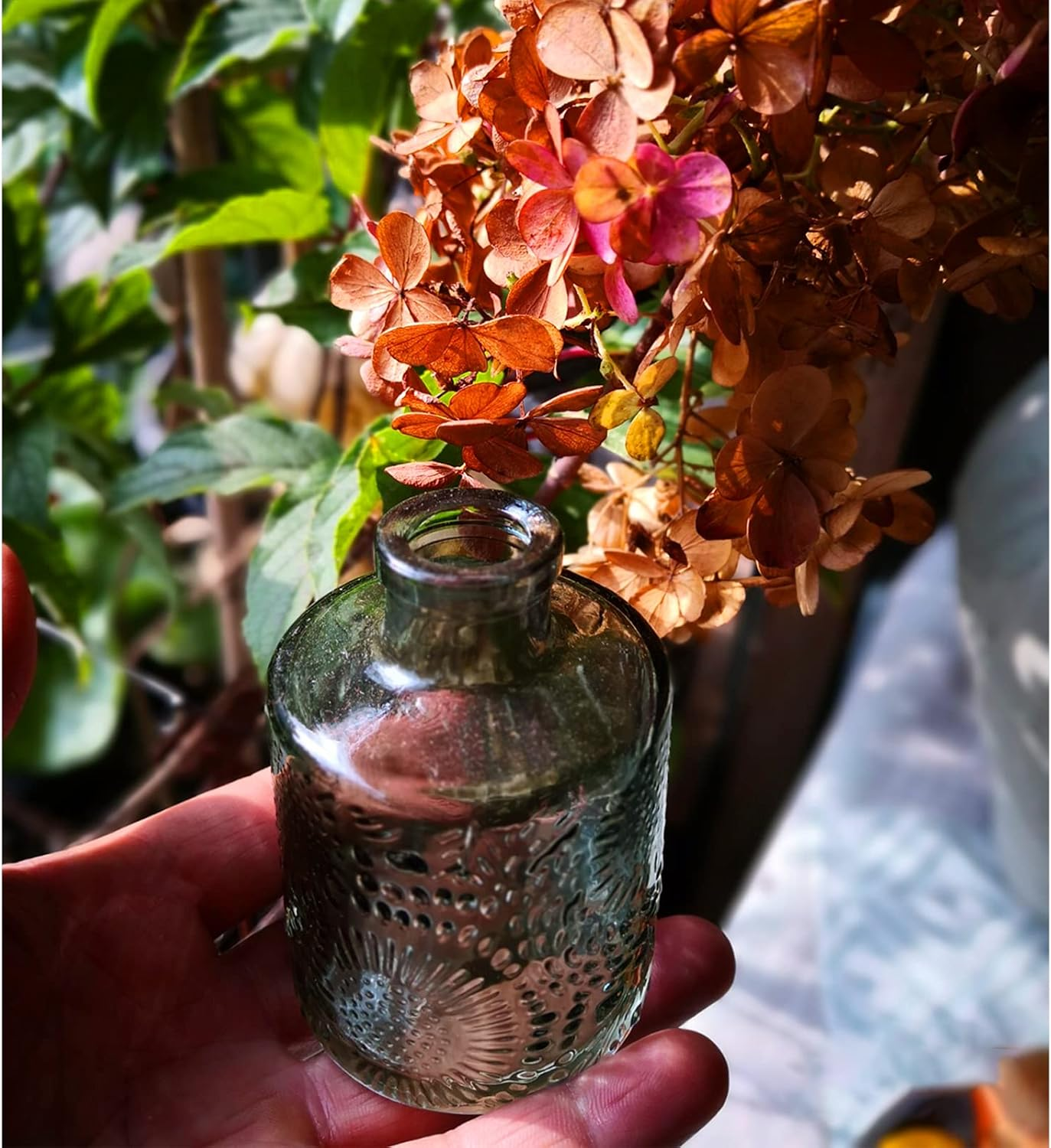 Glass Bud Vase Set of 6, Small Flower Vases for Decorative, Gradient Glass and Embossed Style Mini Glass Bottles for Home Decor, Vintage Glass Bottles 3.3"-5.2''H. (Mini Set of 3) image number 4