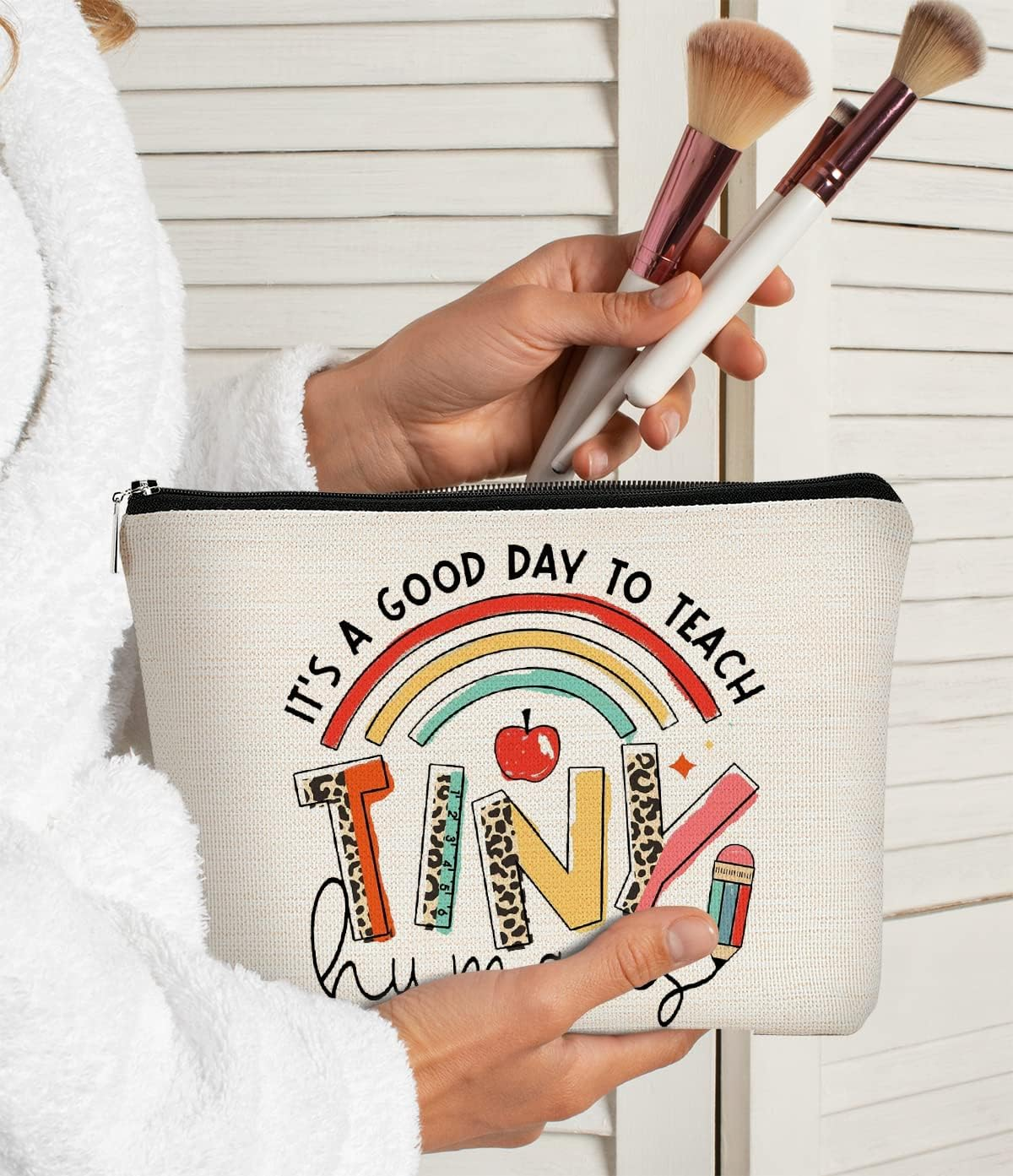 BARPERY Teacher Gifts Makeup Bag, Must Haves Boho Sunshine Teacher Survival Kit Bag Cosmetic Bag,Birthday Gifts for Kindergarten Teacher, Teacher Graduation Gifts, Teacher B - Beige image number 2