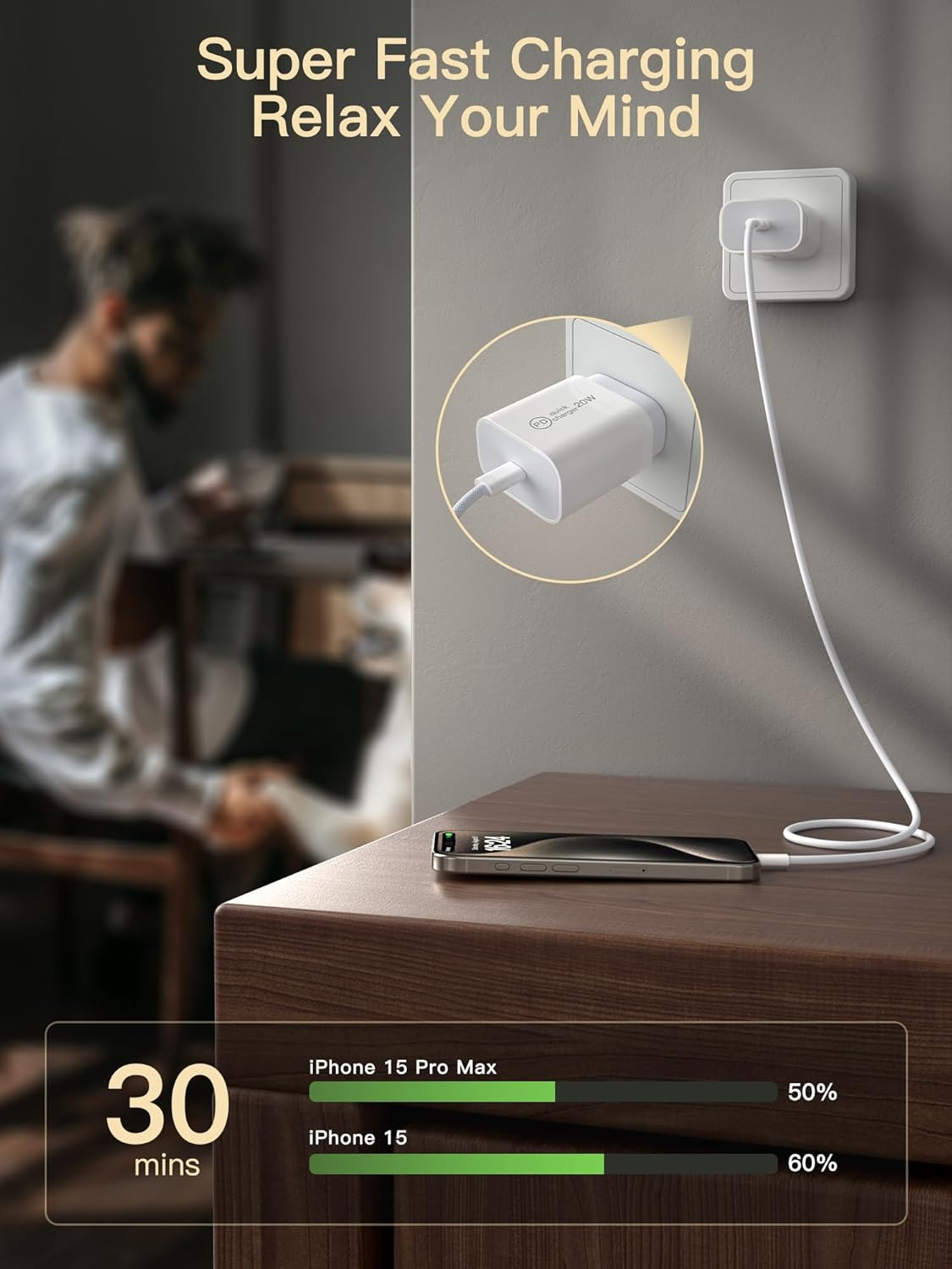 For Iphone 17/16E Charger Block with Cable - 20W   Fast Charger USB C Wall Charger Block with Braided Type C Cord for I Phone Air/17 Pro Max/16/15/Ipad Pro/Samsung S25/S24 Ultra image number 5