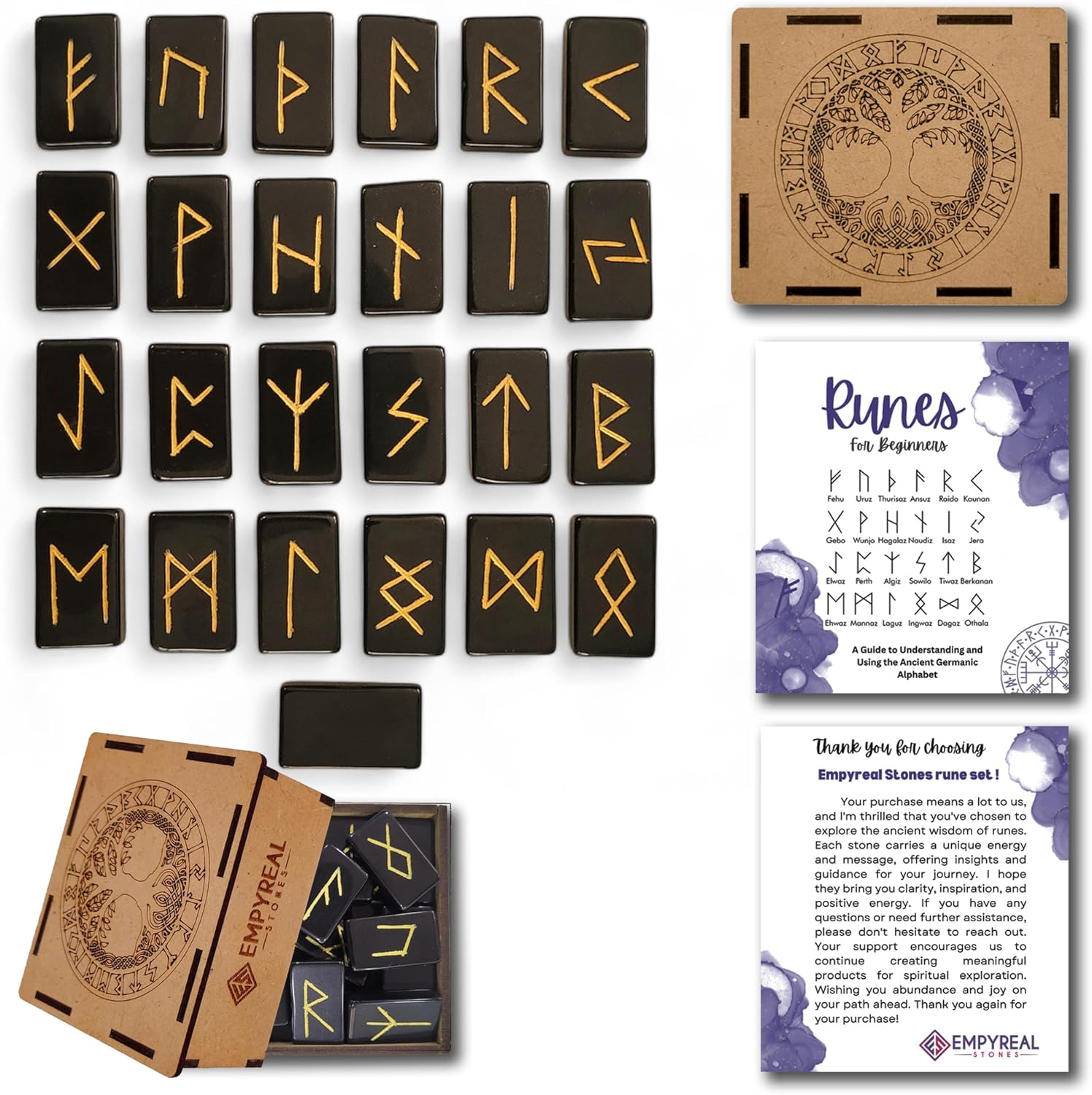 Gemstone Rune Stones Authentic Elder Futhark Set for Divine Guidance and Wisdom (Black Tourmaline)