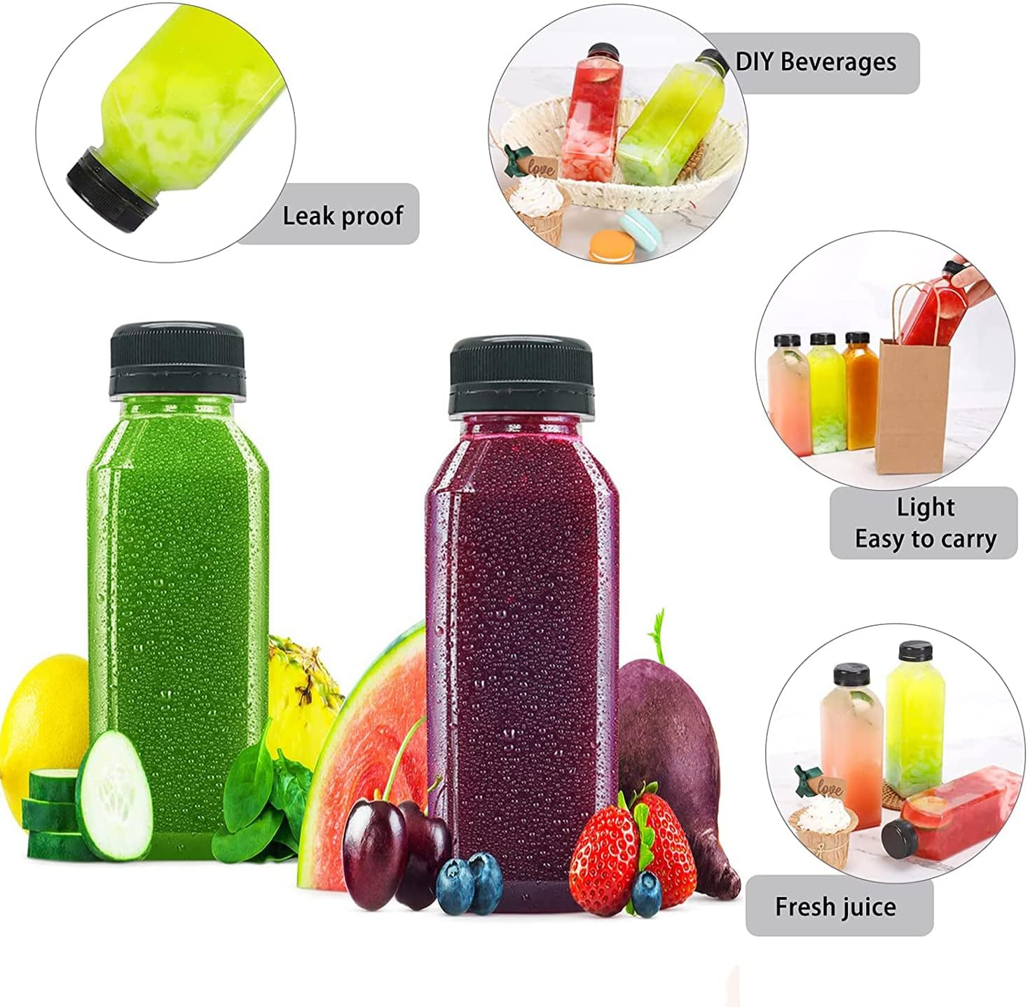10 OZ Plastic Juice Bottles, Reusable Bulk Beverage Containers, for Juice, Milk and Other Beverages, 4 Pcs.