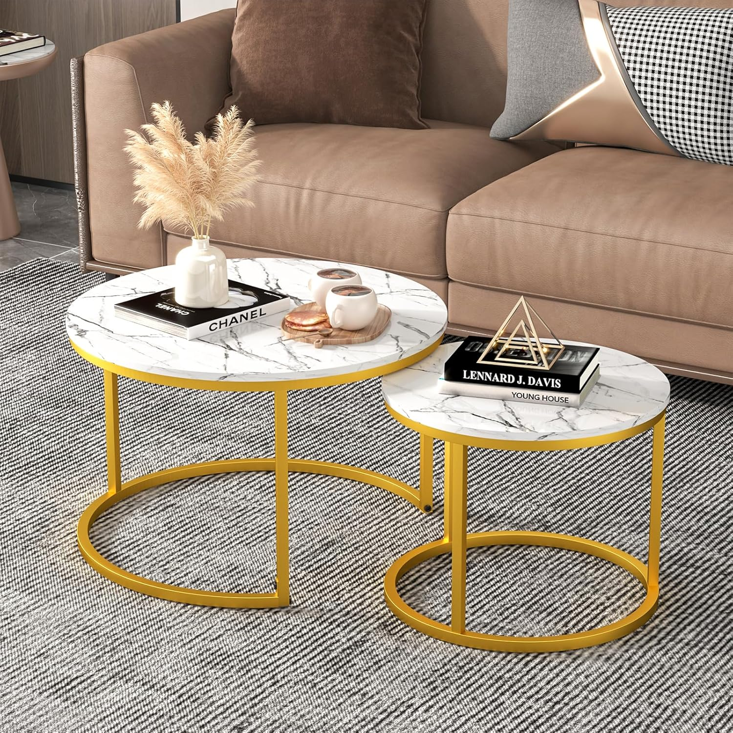 Advwin Coffee Table Set of 2, round Nesting Table Marble Pattern Wooden Side Table Metal Frame End Table for Living Room White