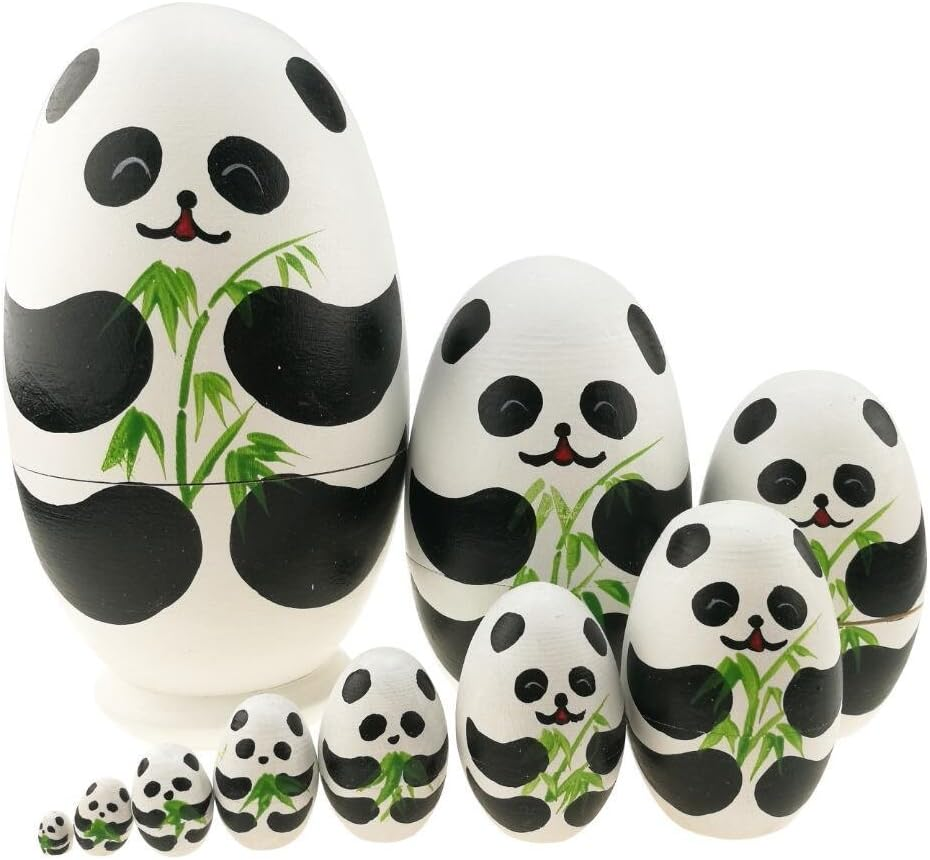 Handmade Wooden Stacking Panda Nesting Dolls - Set of 10 Cute Panda Bear Egg Shaped Matryoshka Babushka Dolls for Kids