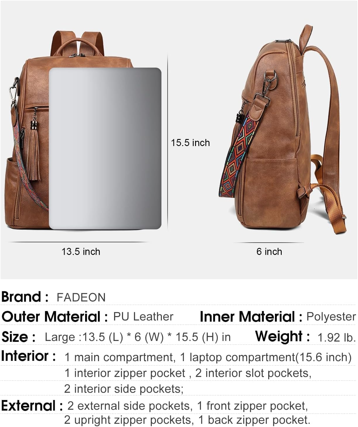 FADEON Womens Backpack Purse Large Designer PU Leather Laptop Backpacks, Ladies Computer Shoulder Bags image number 4
