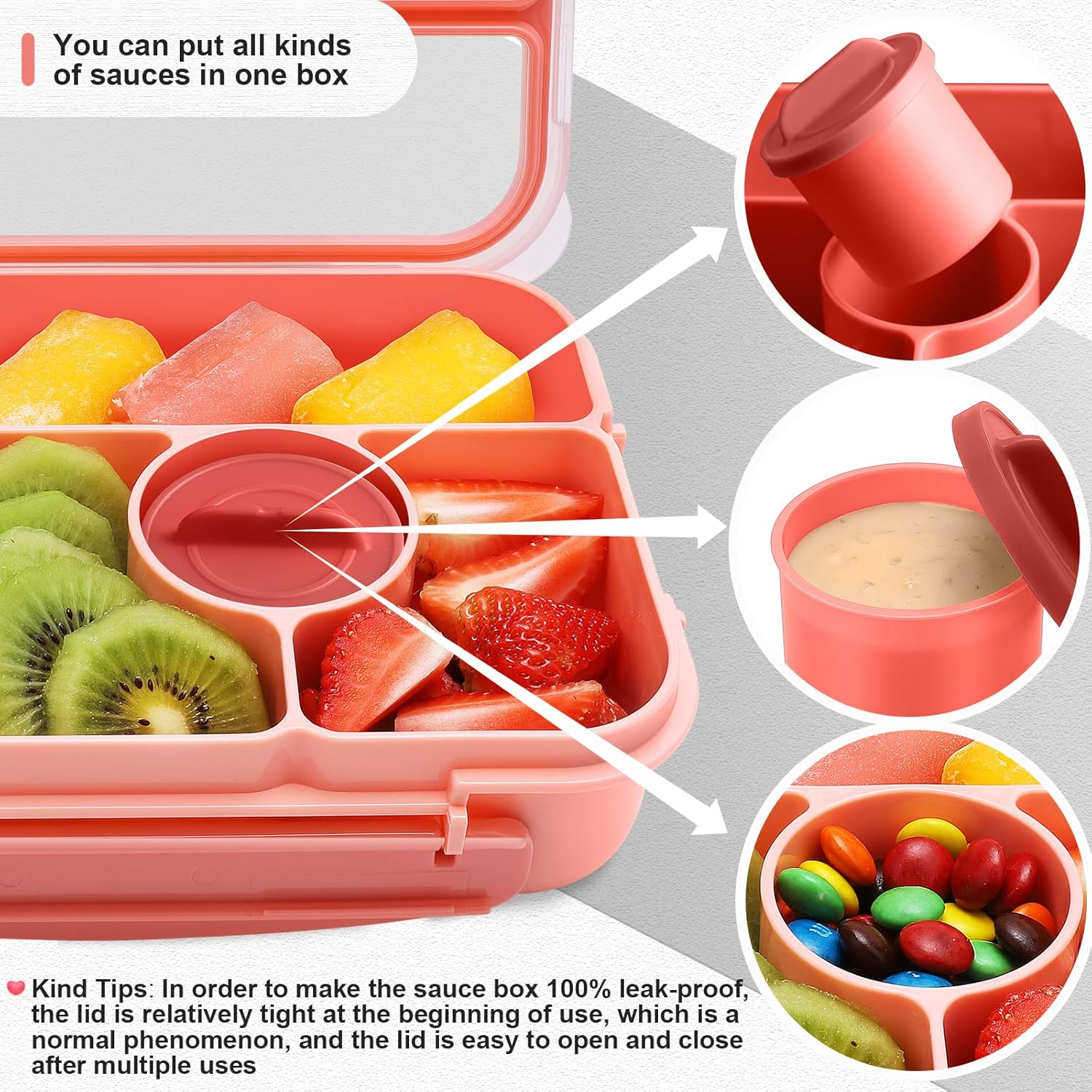 Bento Lunch Box Kids,Leakproof Lunch Containers for Adults/Kids/Toddler,5 Compartments Bento Box with Sauce Vontainers,Microwave & Dishwasher & Freezer Safe,Bpa-Free (Pink)