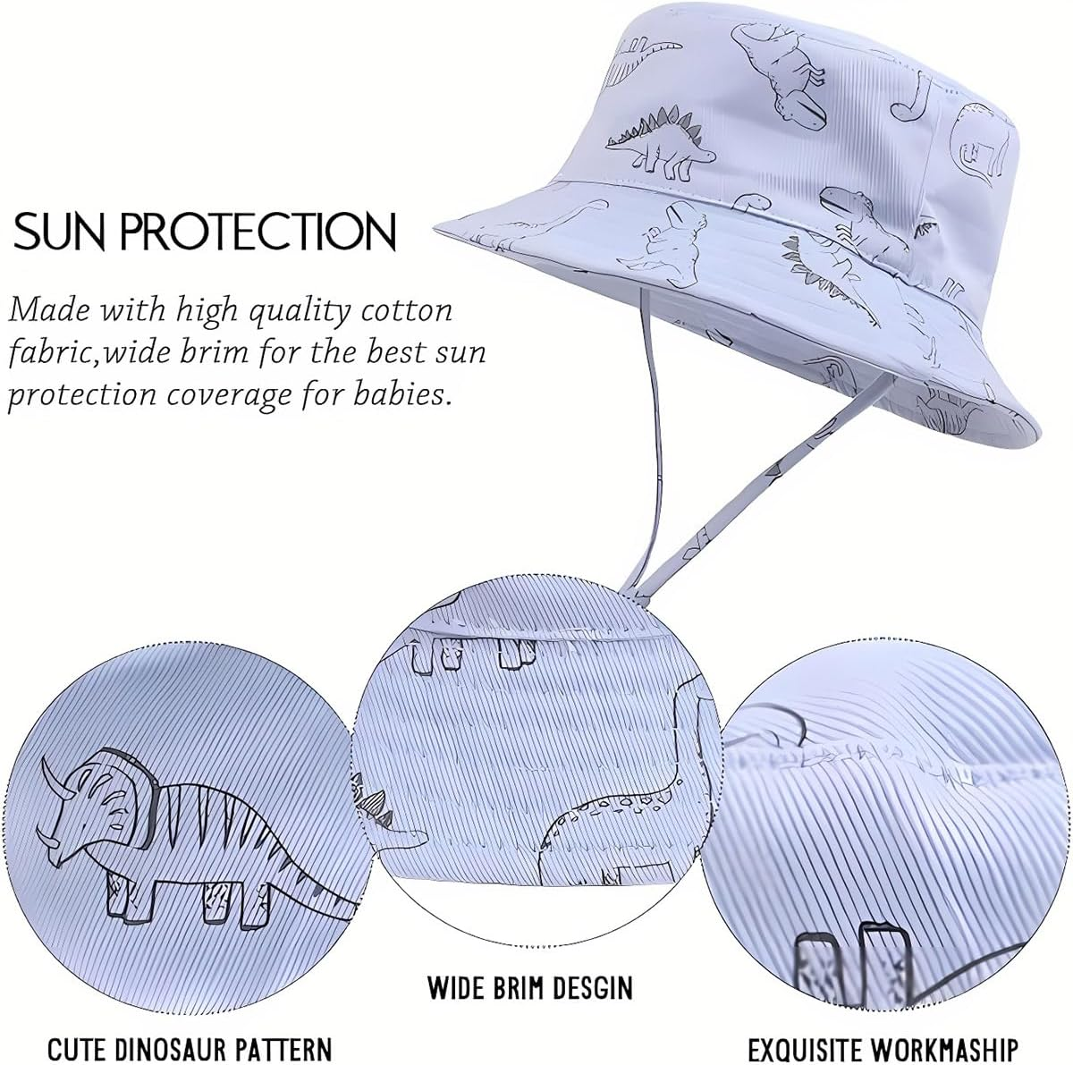 AIMALL Spring Summer Baby Sun Hat Cartoon Dinosaur Print, Wide Brim Sun Protection Fisherman Hat with Adjustable Chin Strap, Lightweight Breathable Cotton - Blue image number 2