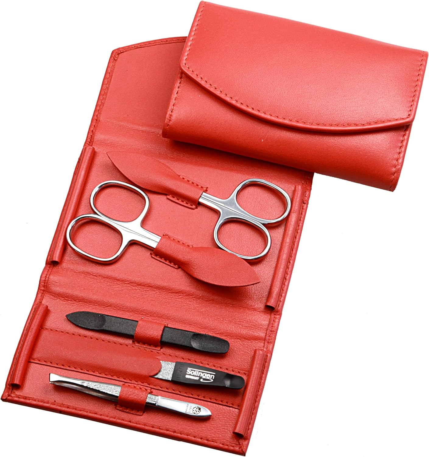 Manicure Set - 5-Piece Nail Care Set - Genuine Nappa Lambskin Leather Manicure Case - Nail Scissors, Cuticle Scissors, Nail File, Tweezers and Double Instrument (Orange)